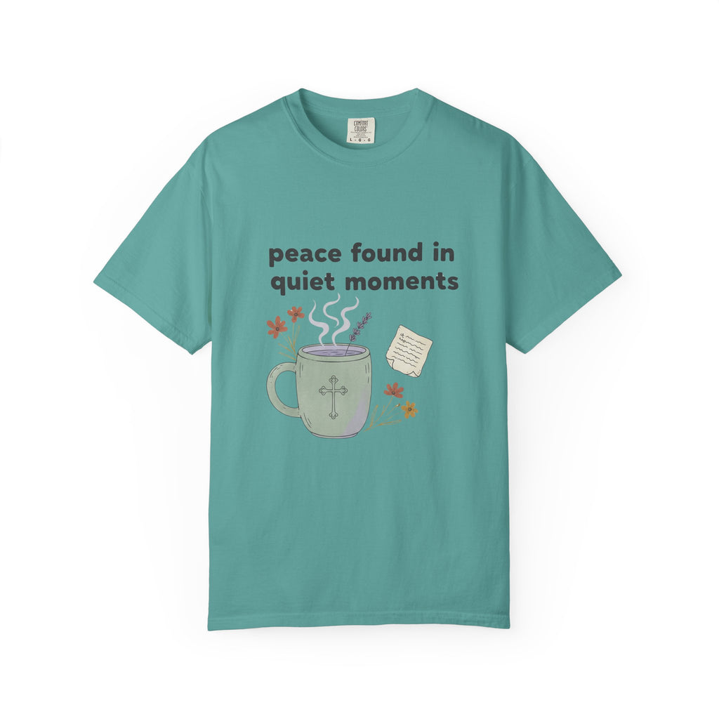 Grace in Progress Anxiety Faith T-Shirt — Peace Found in Quiet Moments — Vintage Christian Tea Mug Tee for Women | Calm Faith Design