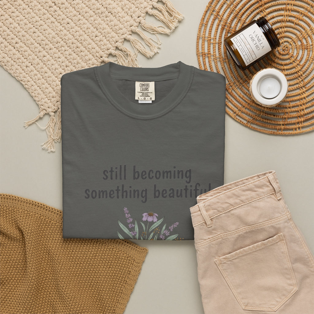 Grace in Progress Faith T-Shirt — Still Becoming Something Beautiful — Vintage Wildflower Christian Tee for Women Healing & Growing