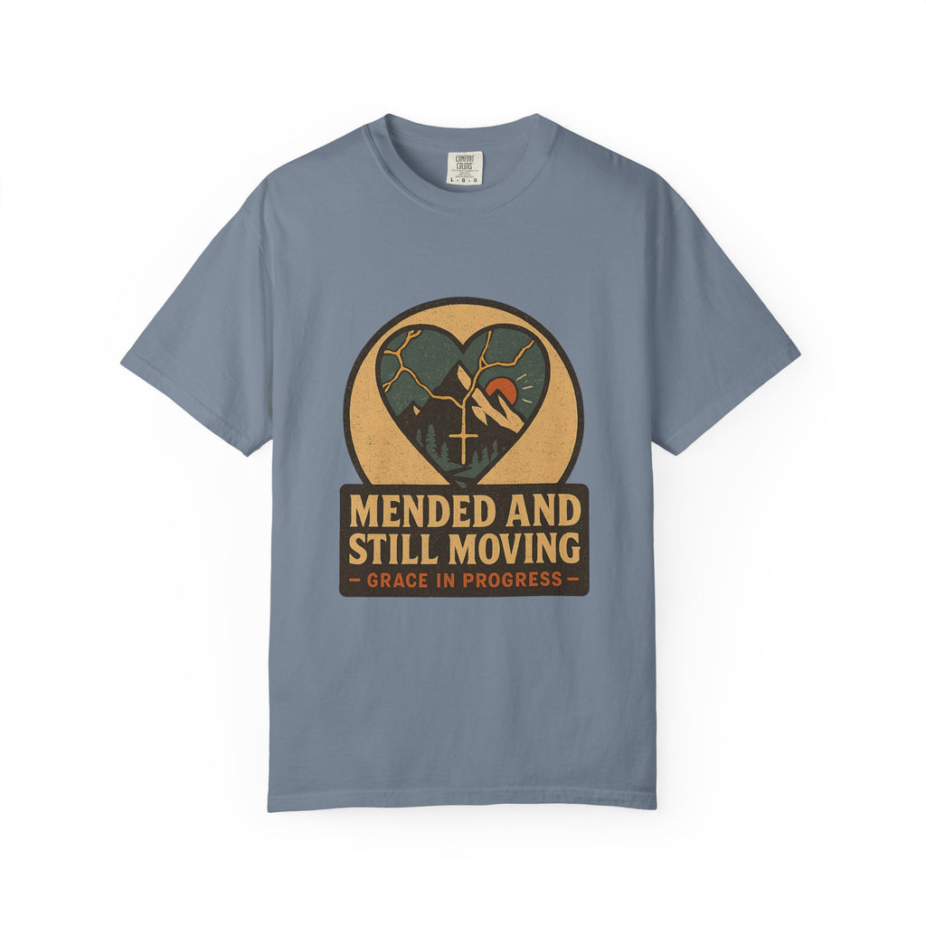 Mended And Still Moving Kintsugi Heart Mountain Faith Tee | Grace In Progress | Grief Recovery Healing Apparel