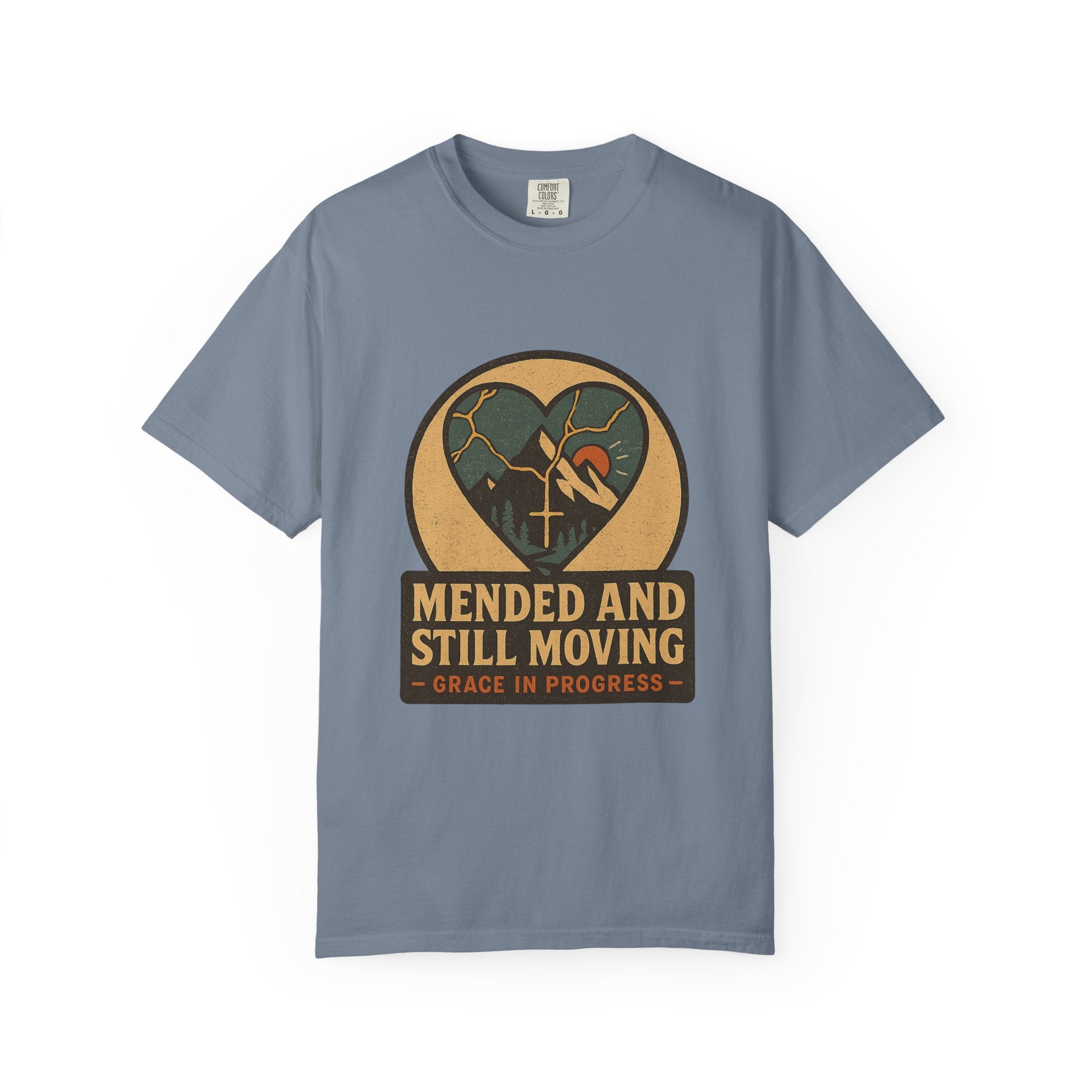 Mended And Still Moving Kintsugi Heart Mountain Faith Tee | Grace In Progress | Grief Recovery Healing Apparel