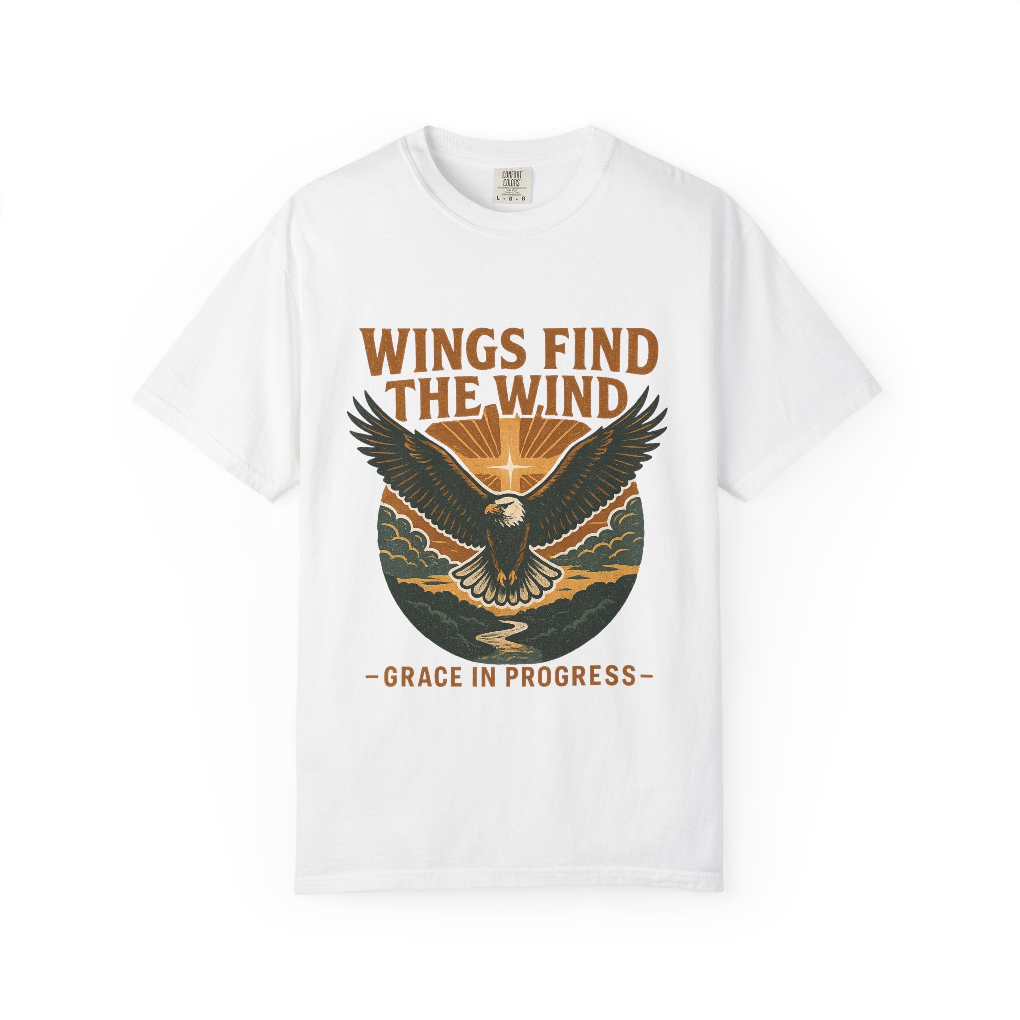 Wings Find The Wind | Vintage Eagle Sunrise Faith Tee | Grace In Progress | Christian Outdoor Apparel | Hope Resilience Recovery Shirt