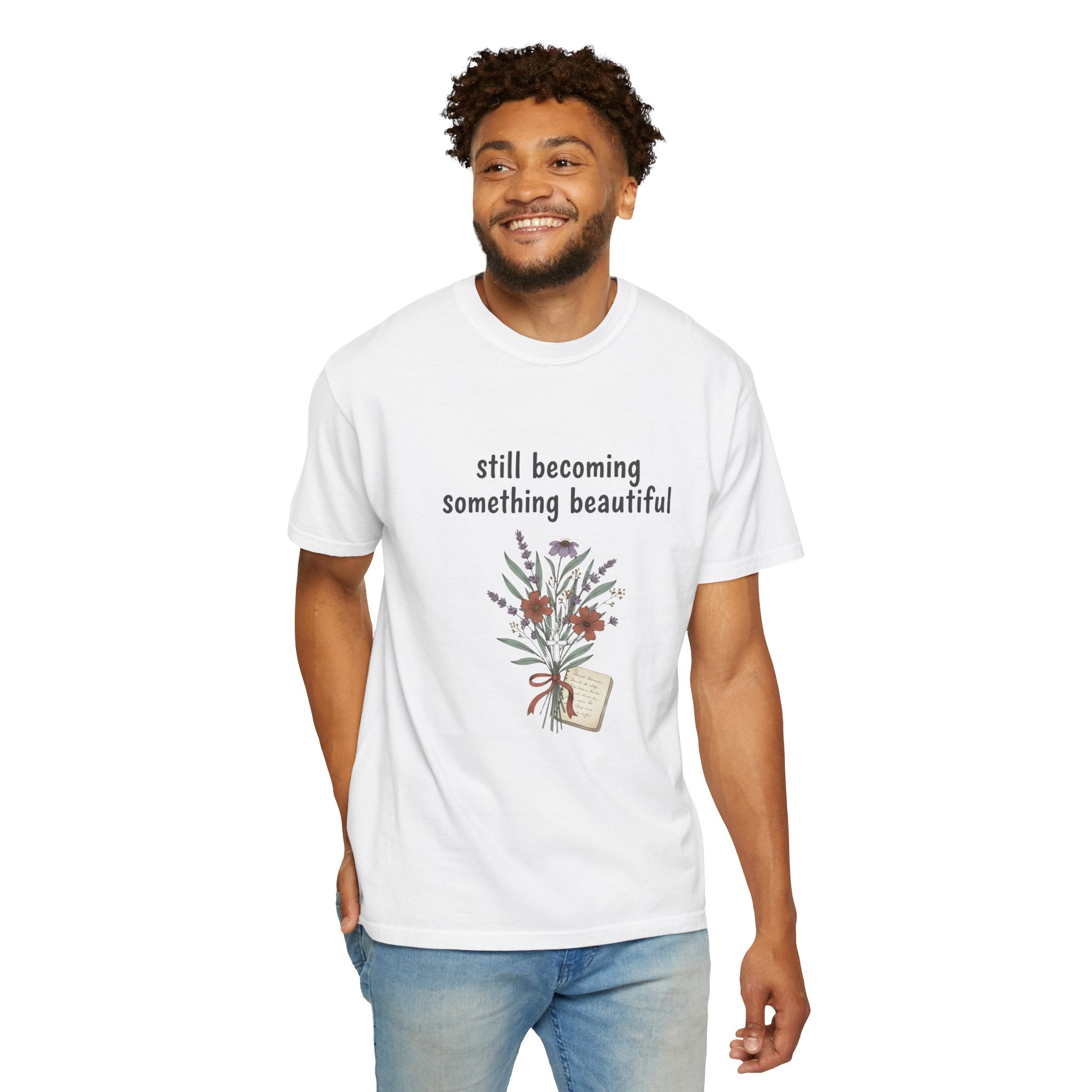 Grace in Progress Faith T-Shirt — Still Becoming Something Beautiful — Vintage Wildflower Christian Tee for Women Healing & Growing