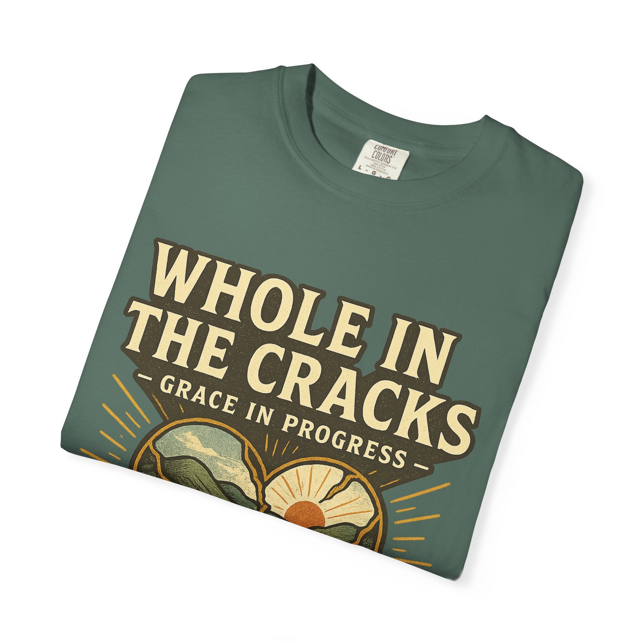 Whole In The Cracks Kintsugi Heart Landscape T-Shirt | Faith Healing Apparel | Recovery Gift | Vintage Screen Print Tee | Grace In Progress