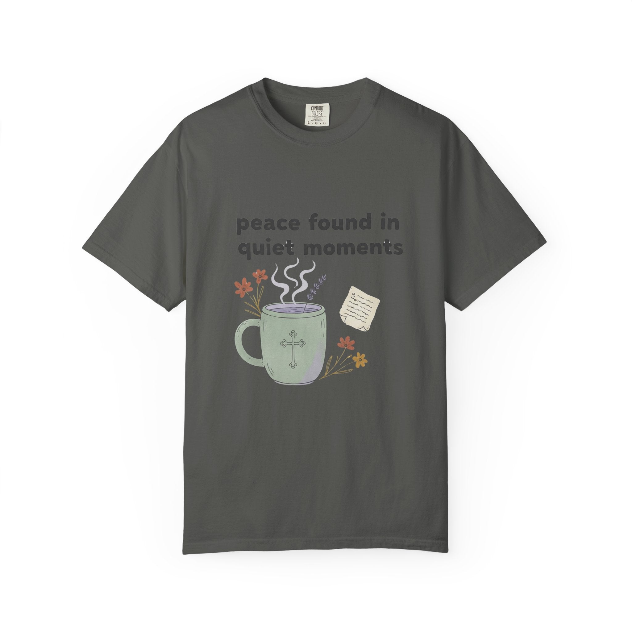 Grace in Progress Anxiety Faith T-Shirt — Peace Found in Quiet Moments — Vintage Christian Tea Mug Tee for Women | Calm Faith Design