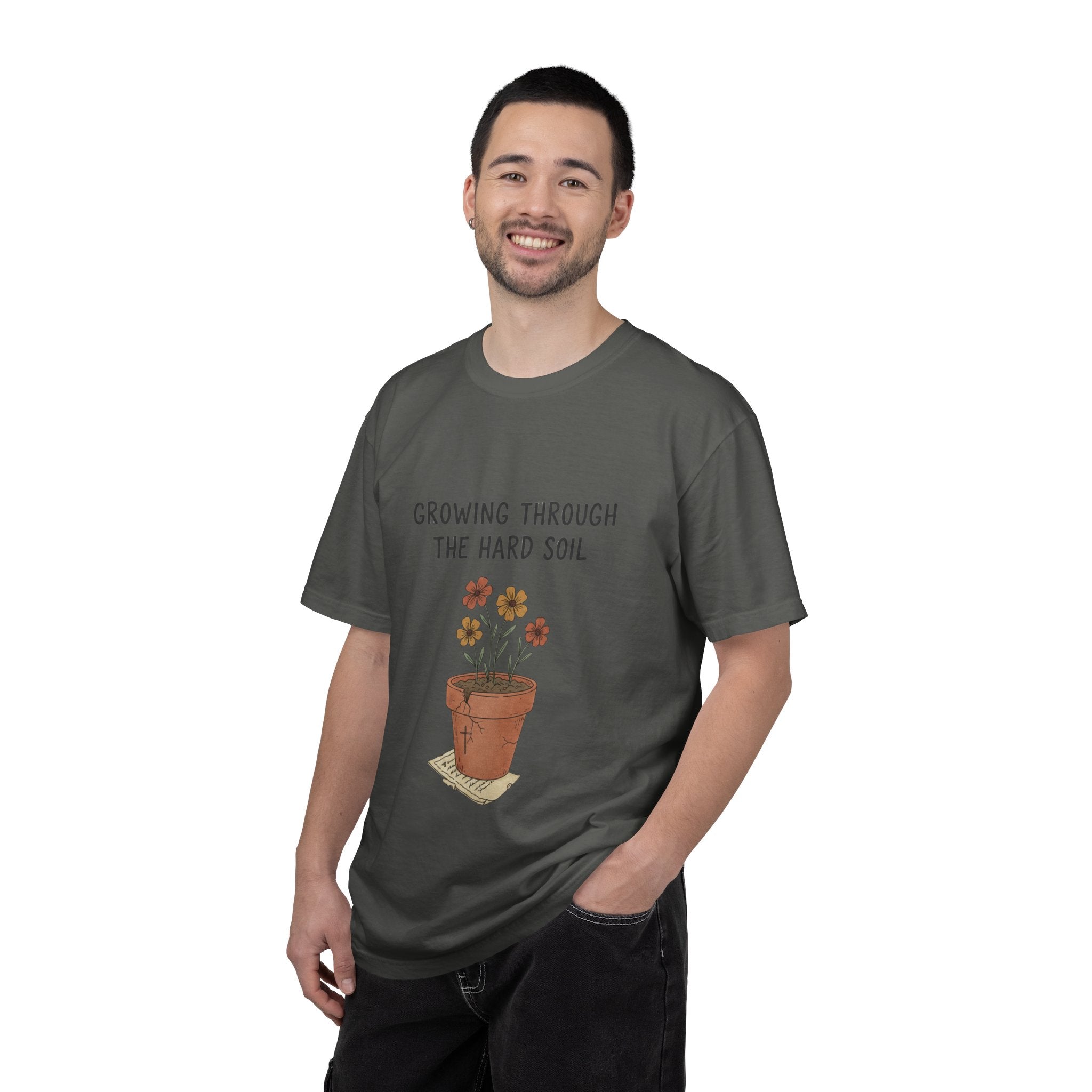 Grace in Progress Faith T-Shirt — Growing Through the Hard Soil — Vintage Terracotta Plant Christian Tee | Healing & Growth Design for Women