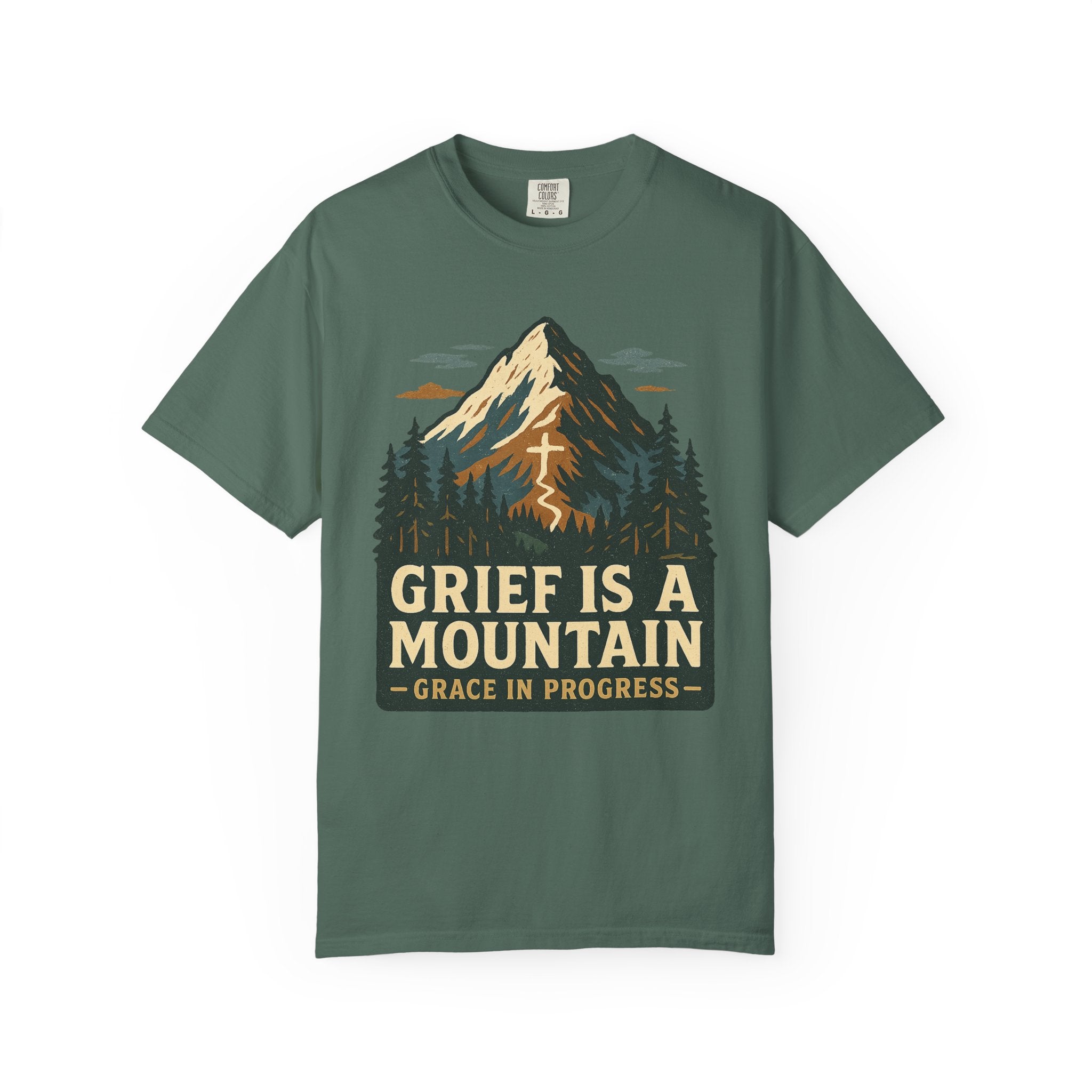 Grief Is A Mountain Vintage Outdoor Faith T-Shirt | Grace In Progress | Comfort Colors Grief Healing Apparel