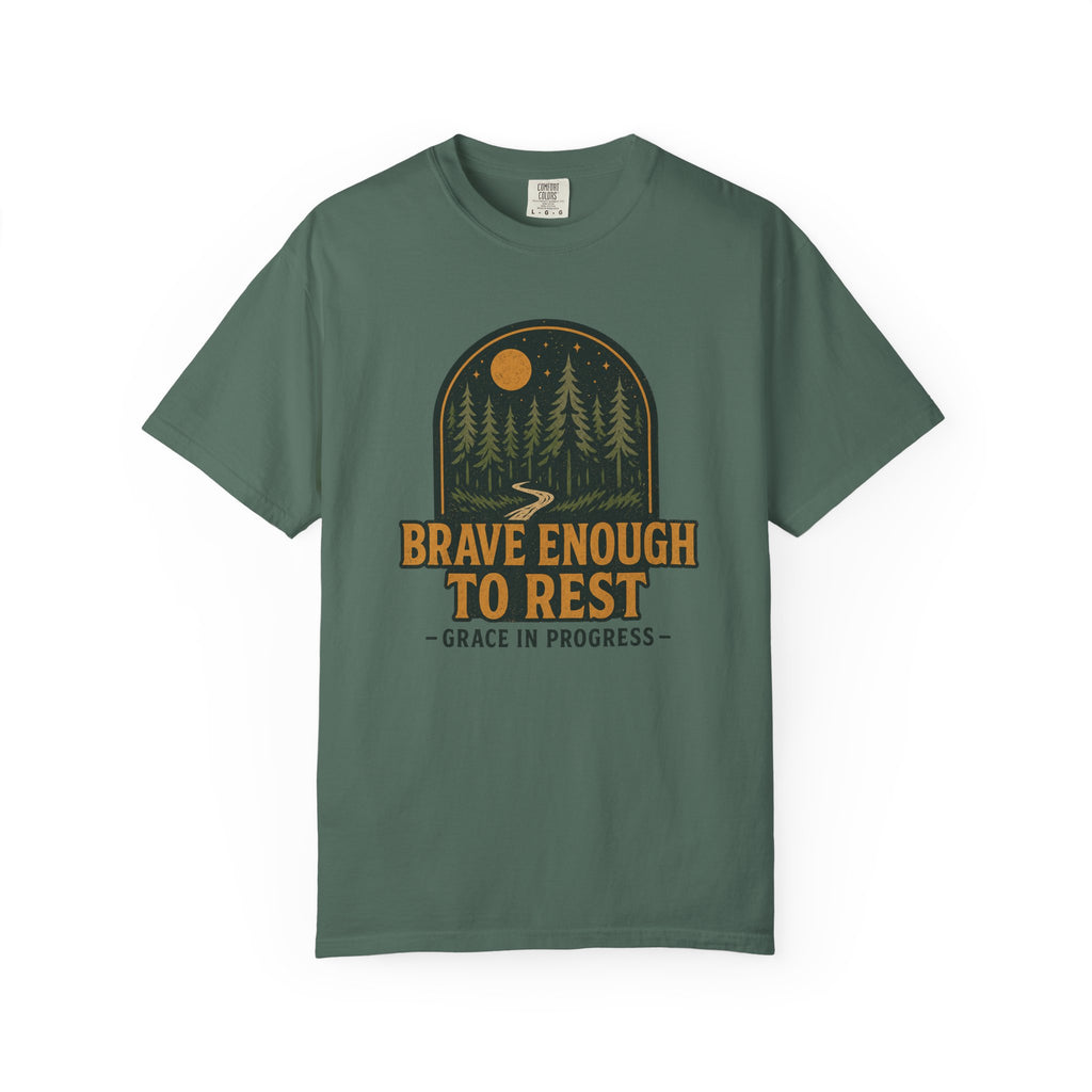 Brave Enough To Rest | Moonlit Forest Badge Vintage Tee | Grace In Progress | Faith Outdoor Shirt | Rest Burnout Recovery Apparel