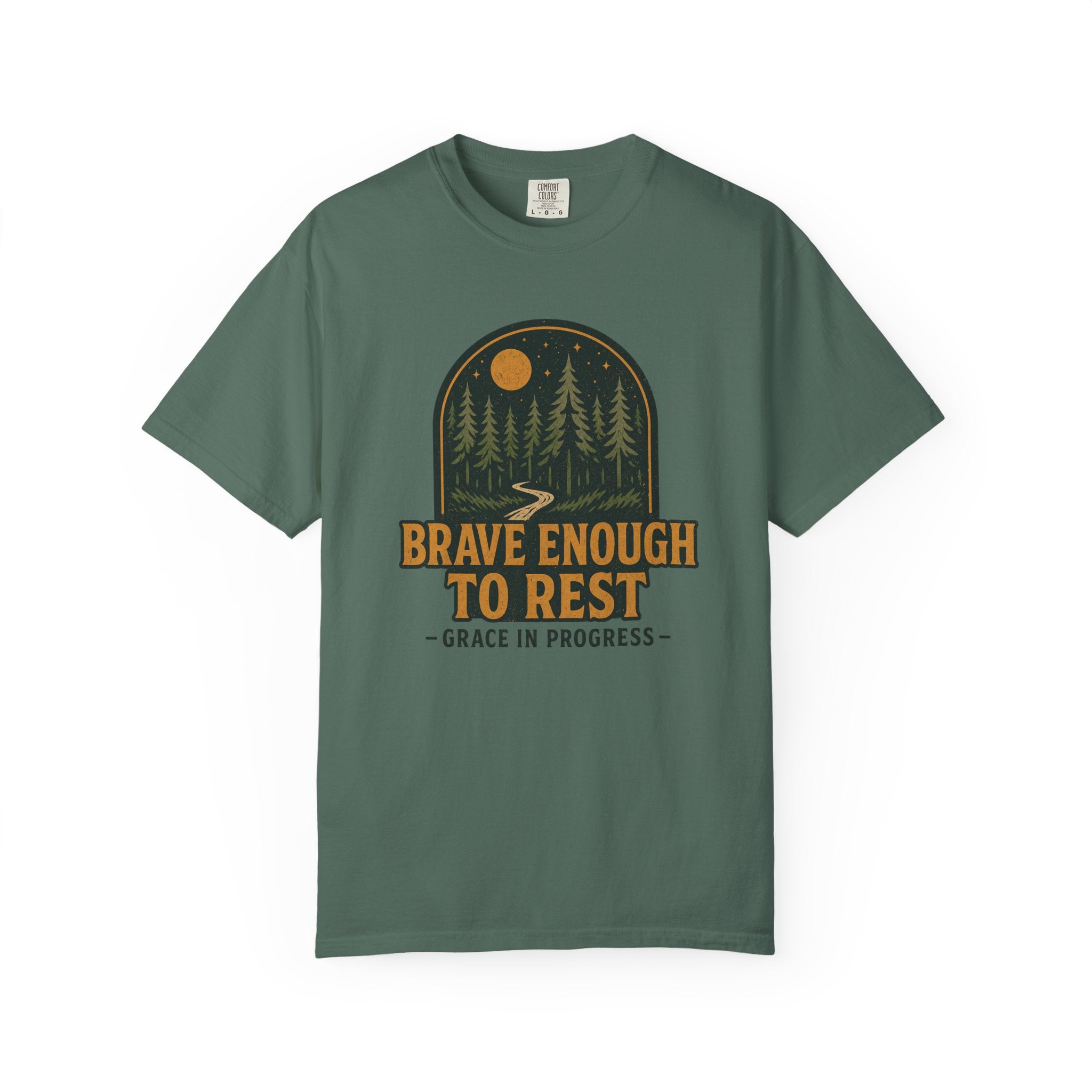 Brave Enough To Rest | Moonlit Forest Badge Vintage Tee | Grace In Progress | Faith Outdoor Shirt | Rest Burnout Recovery Apparel