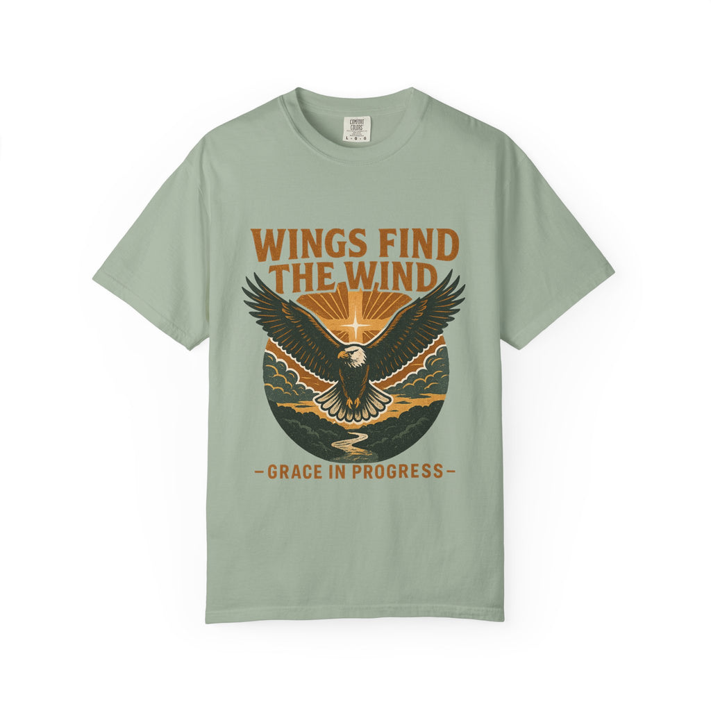 Wings Find The Wind | Vintage Eagle Sunrise Faith Tee | Grace In Progress | Christian Outdoor Apparel | Hope Resilience Recovery Shirt