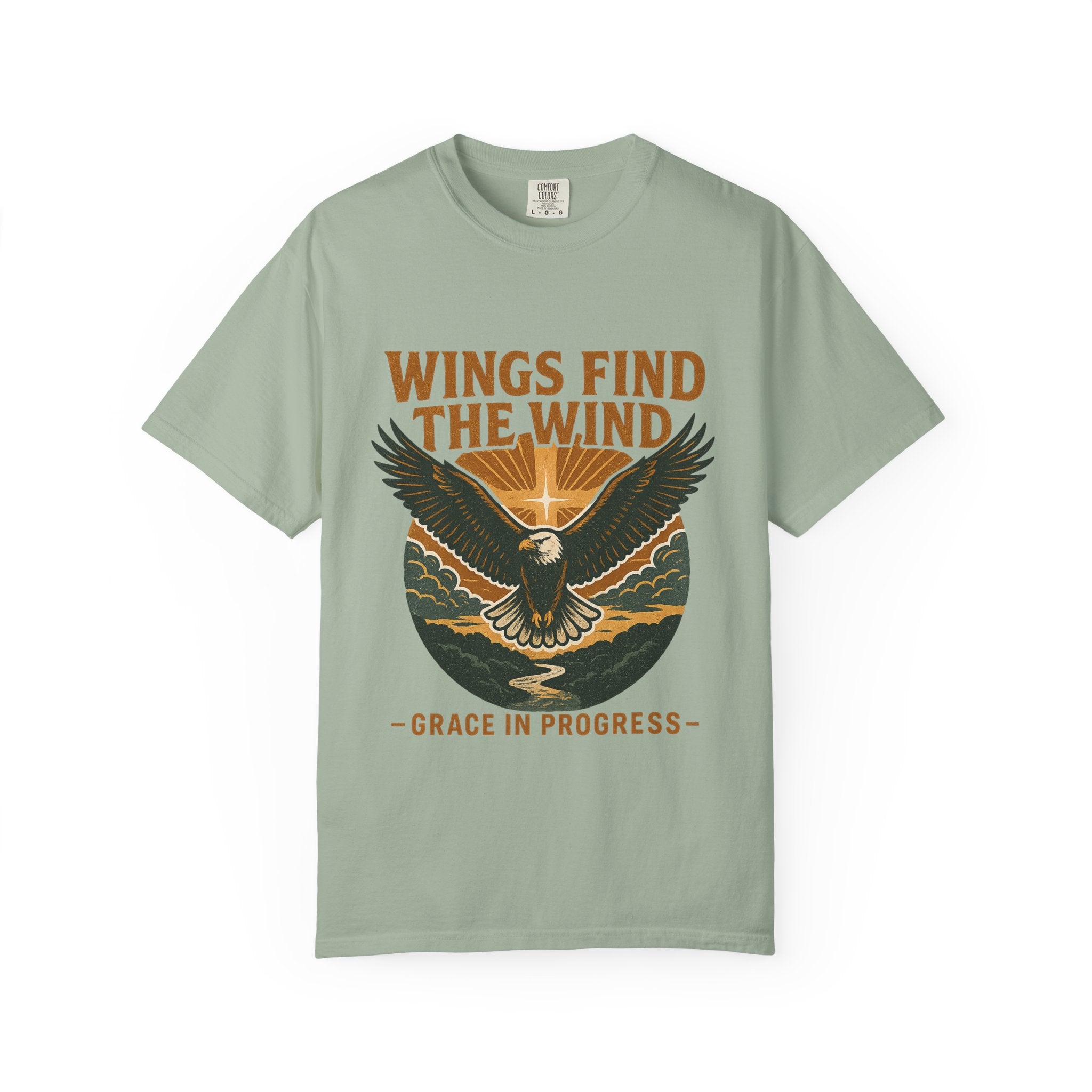 Wings Find The Wind | Vintage Eagle Sunrise Faith Tee | Grace In Progress | Christian Outdoor Apparel | Hope Resilience Recovery Shirt