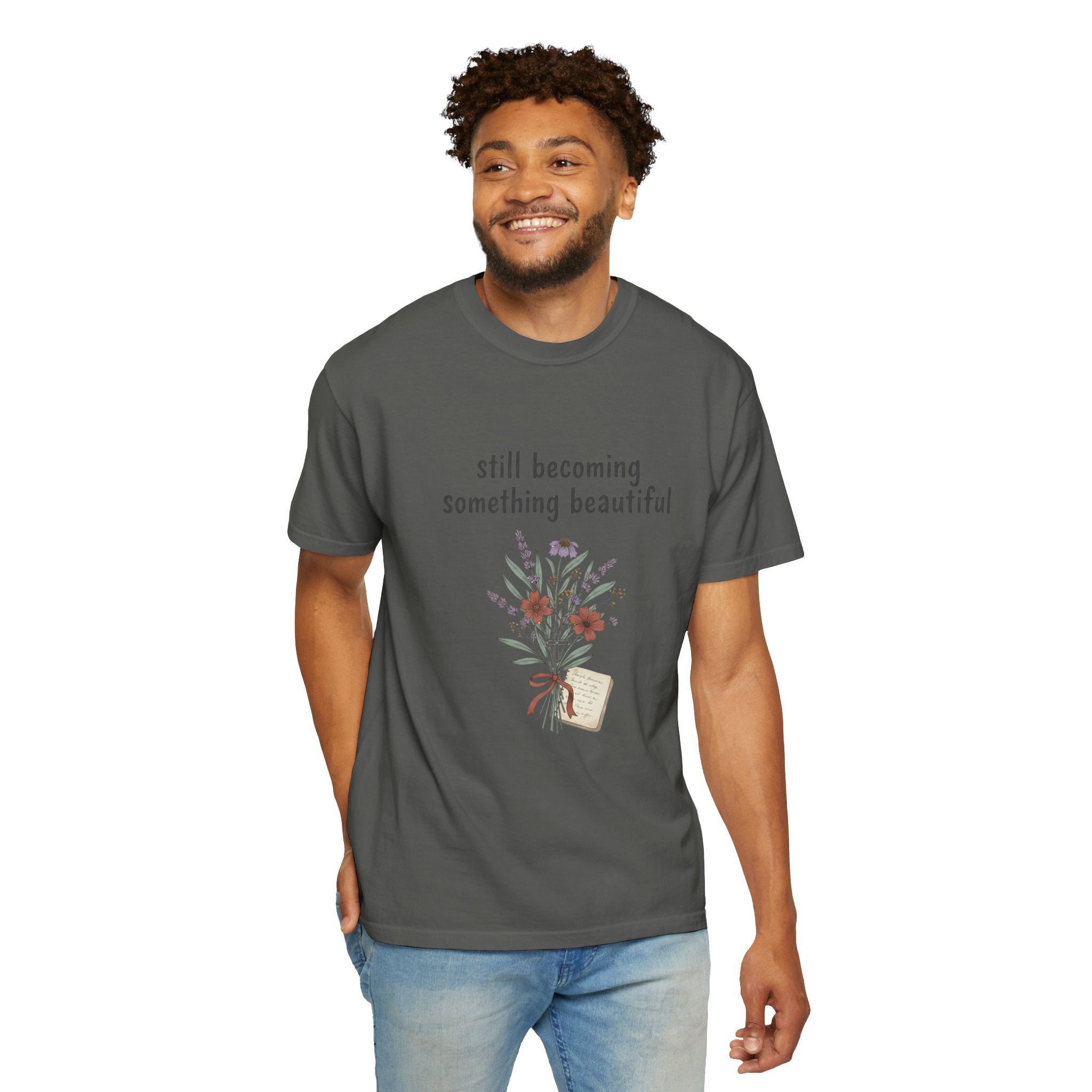 Grace in Progress Faith T-Shirt — Still Becoming Something Beautiful — Vintage Wildflower Christian Tee for Women Healing & Growing