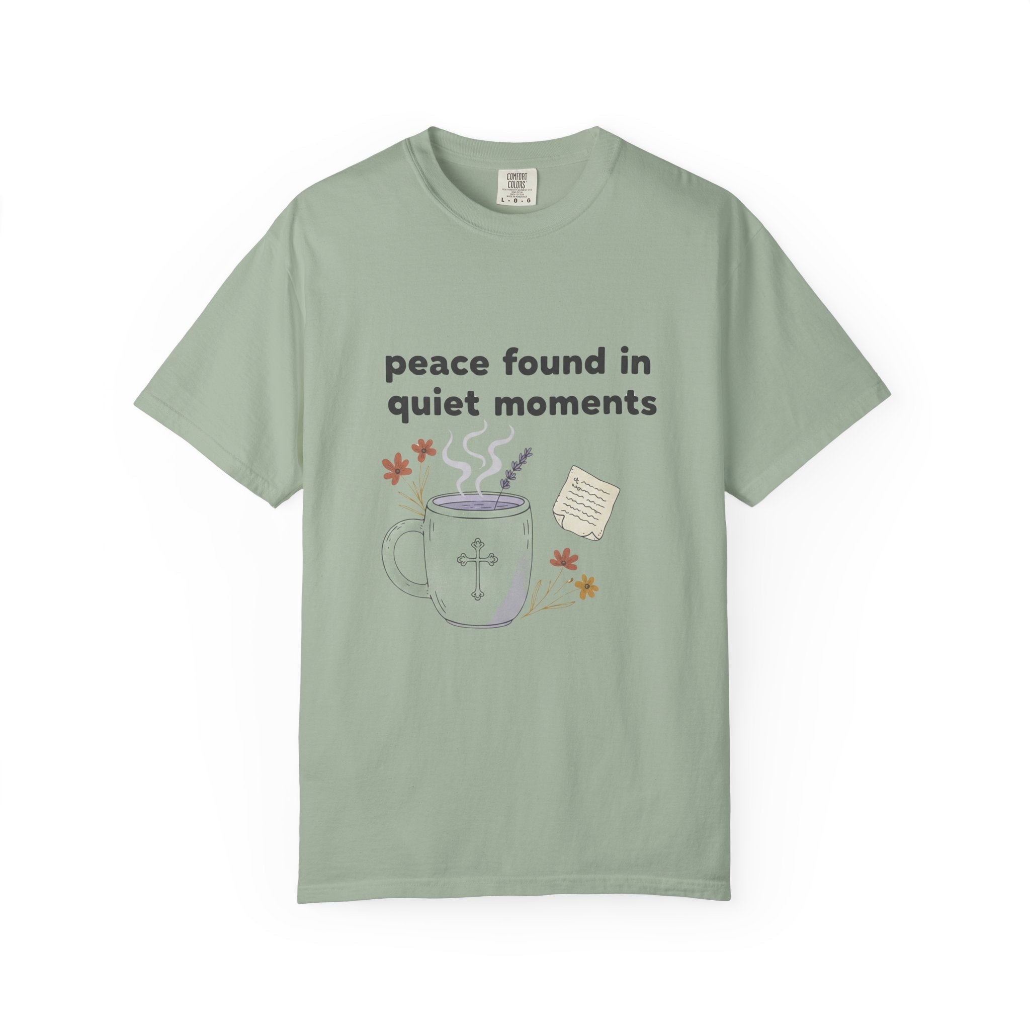 Grace in Progress Anxiety Faith T-Shirt — Peace Found in Quiet Moments — Vintage Christian Tea Mug Tee for Women | Calm Faith Design