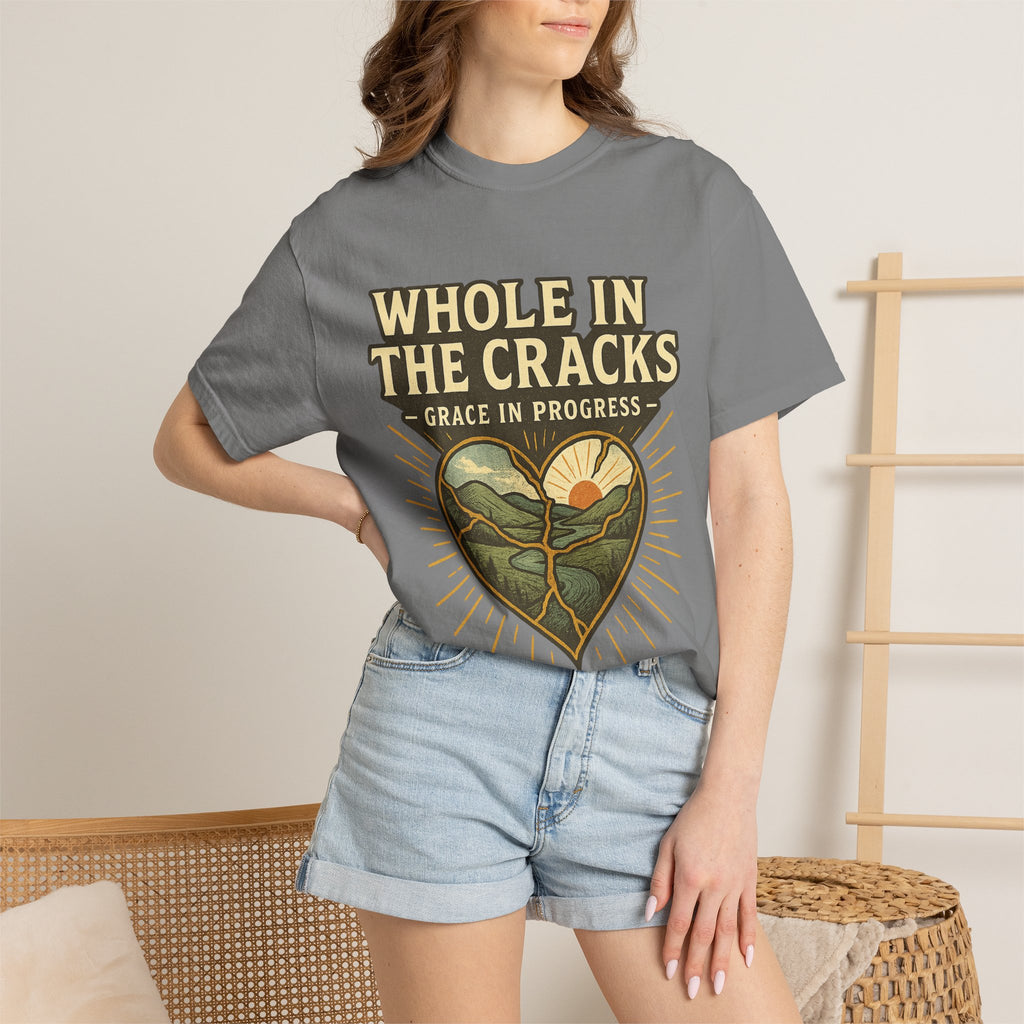 Whole In The Cracks Kintsugi Heart Landscape T-Shirt | Faith Healing Apparel | Recovery Gift | Vintage Screen Print Tee | Grace In Progress