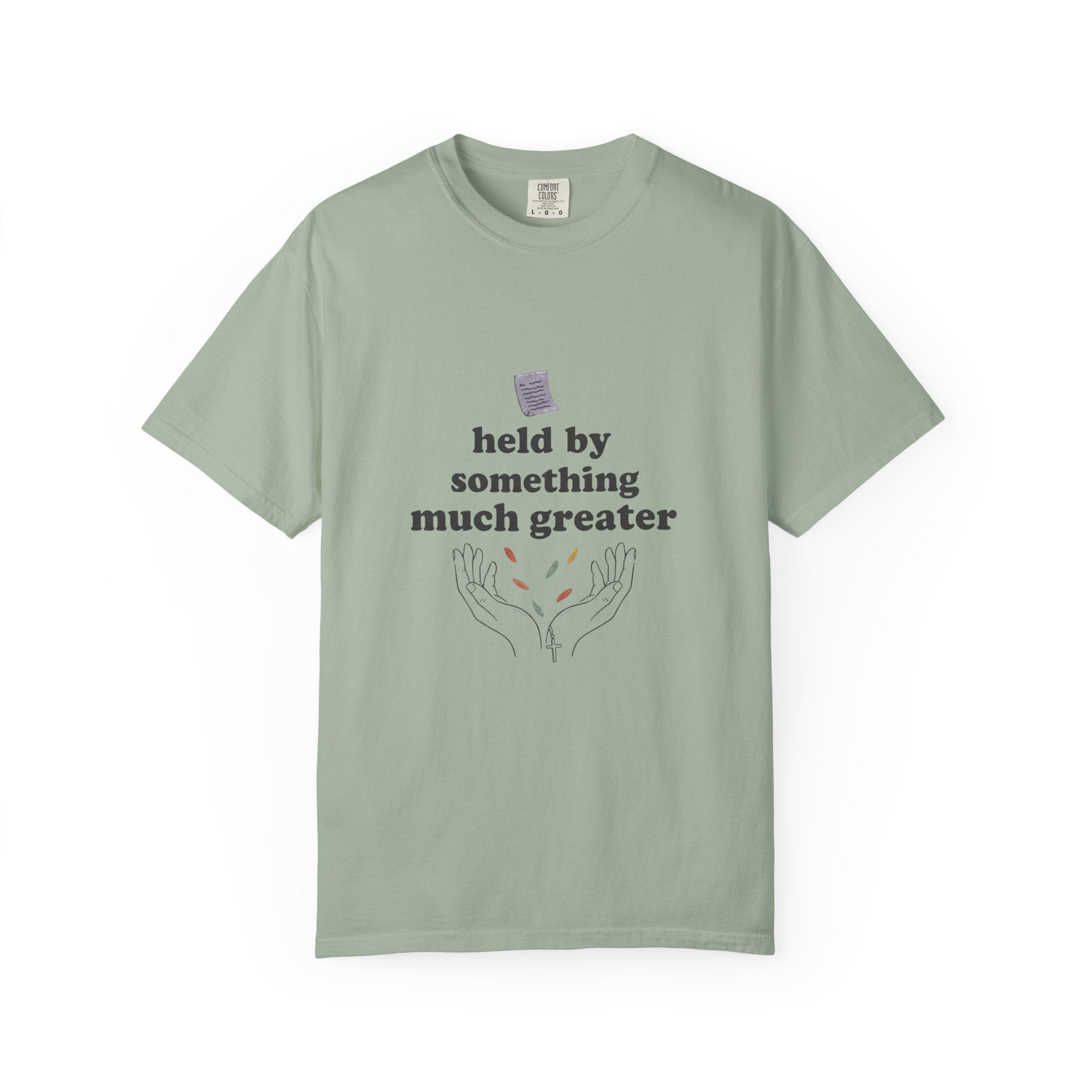 Grace in Progress Christian T-Shirt — Held by Something Much Greater — Vintage Hands & Wildflower Faith Tee | Prayer & Healing Shirt for Women