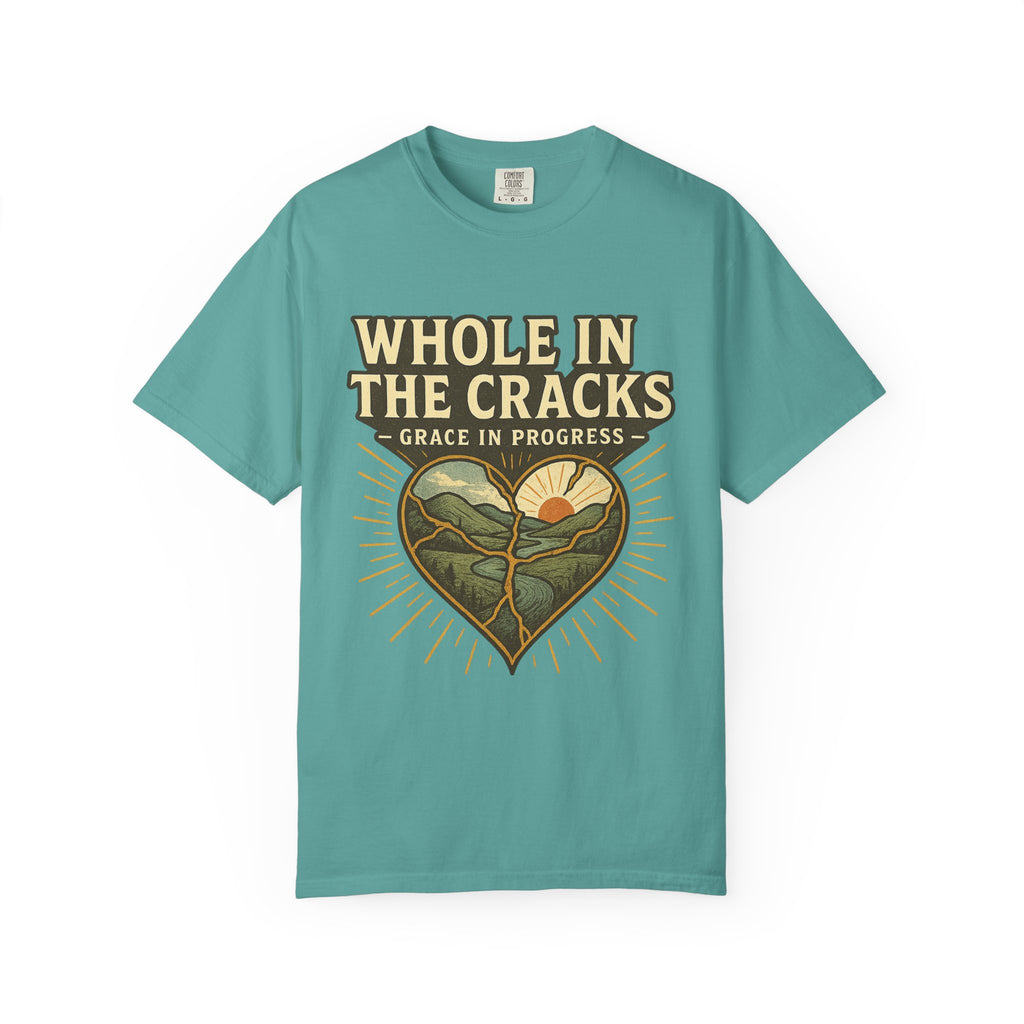 Whole In The Cracks Kintsugi Heart Landscape T-Shirt | Faith Healing Apparel | Recovery Gift | Vintage Screen Print Tee | Grace In Progress