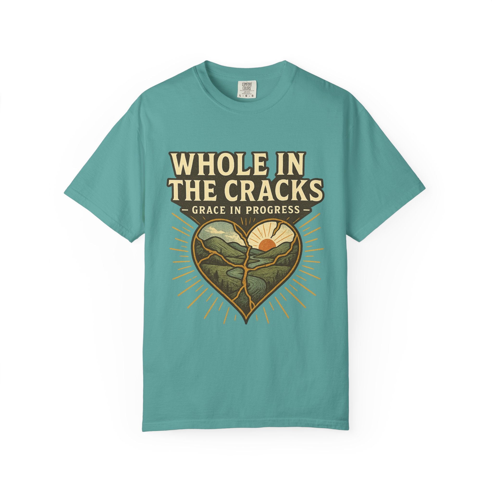 Whole In The Cracks Kintsugi Heart Landscape T-Shirt | Faith Healing Apparel | Recovery Gift | Vintage Screen Print Tee | Grace In Progress