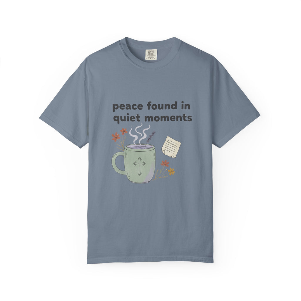 Grace in Progress Anxiety Faith T-Shirt — Peace Found in Quiet Moments — Vintage Christian Tea Mug Tee for Women | Calm Faith Design