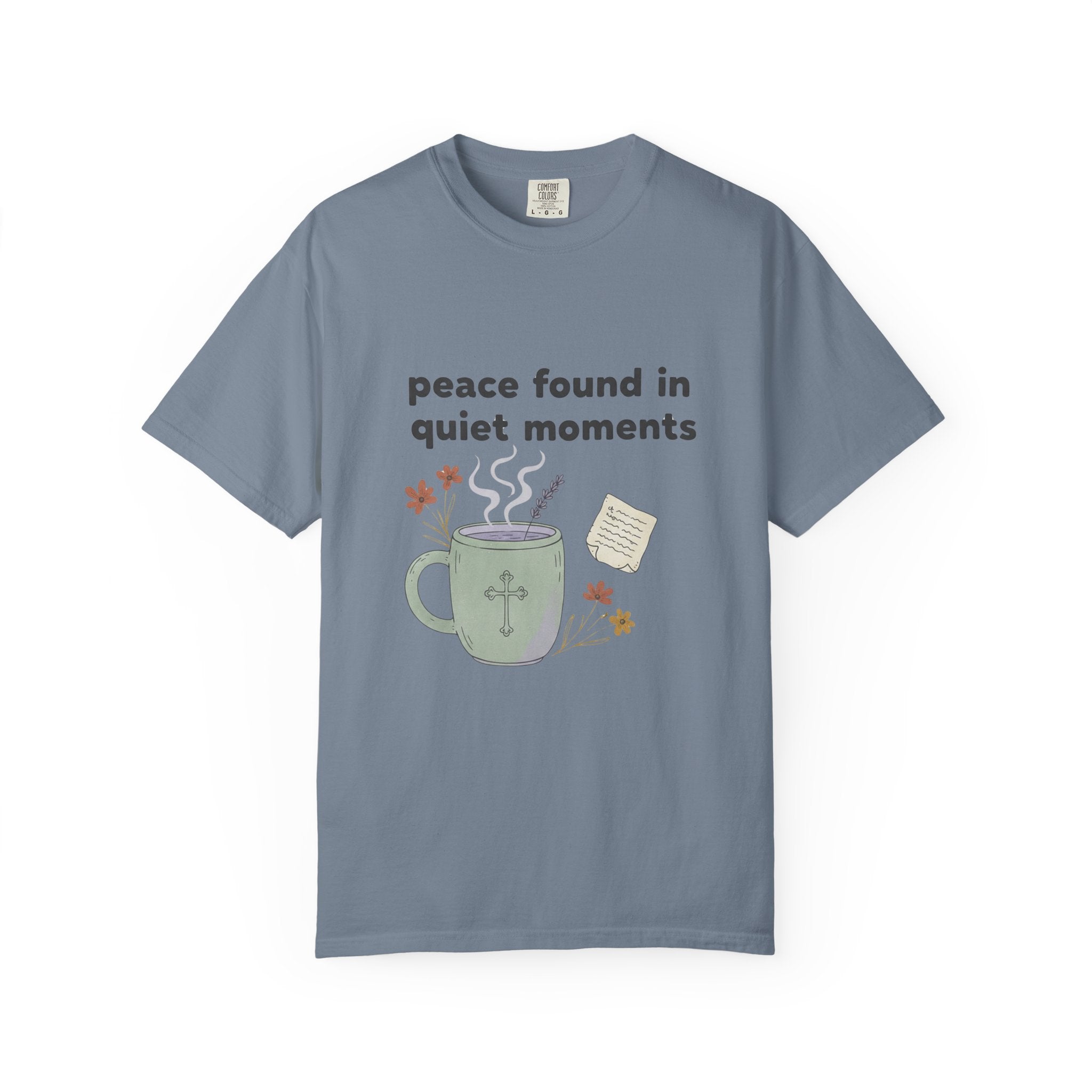 Grace in Progress Anxiety Faith T-Shirt — Peace Found in Quiet Moments — Vintage Christian Tea Mug Tee for Women | Calm Faith Design