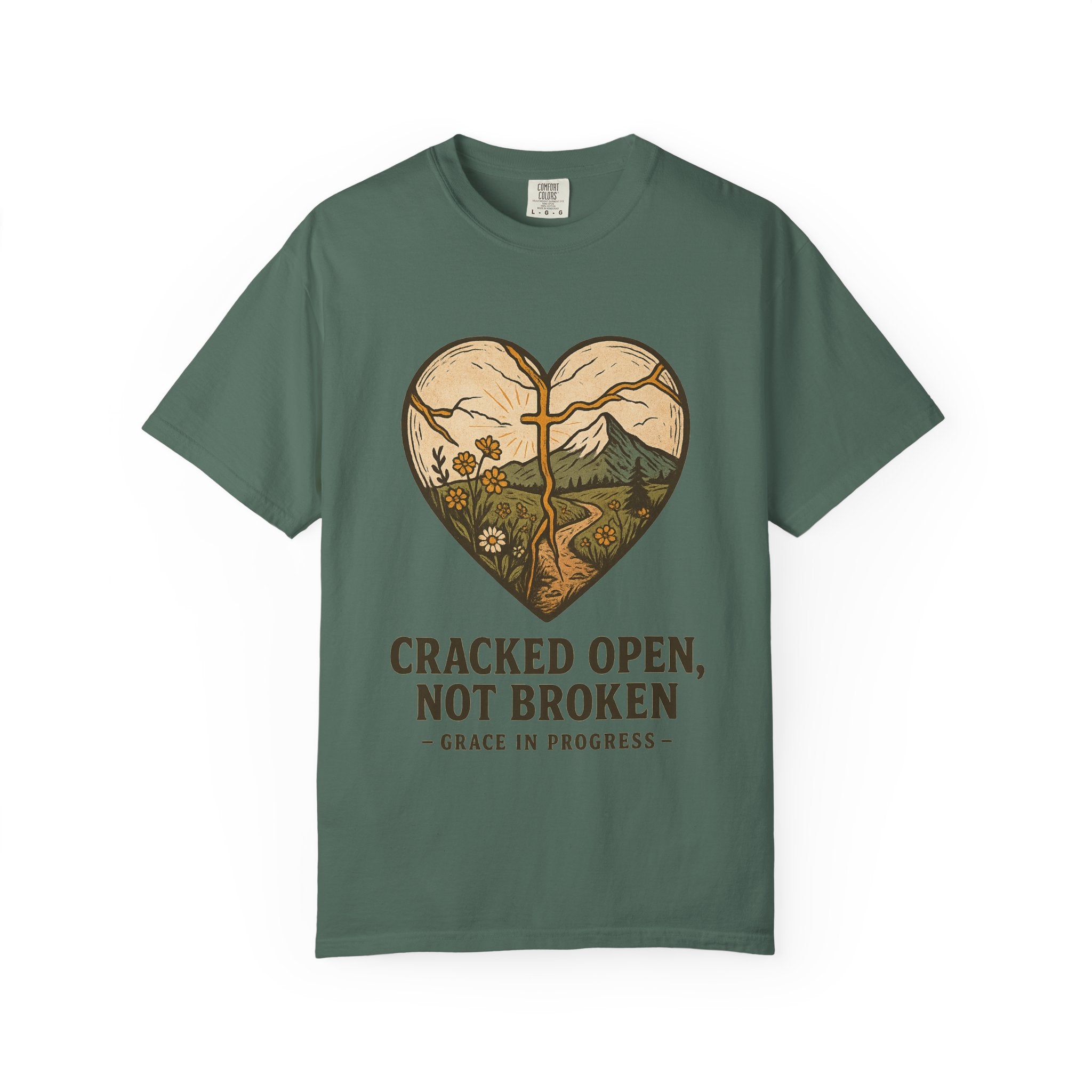Cracked Open Not Broken Kintsugi Heart T-Shirt | Vintage Outdoor Faith Tee | Healing Journey Gift | Grace In Progress | Mental Health Apparel