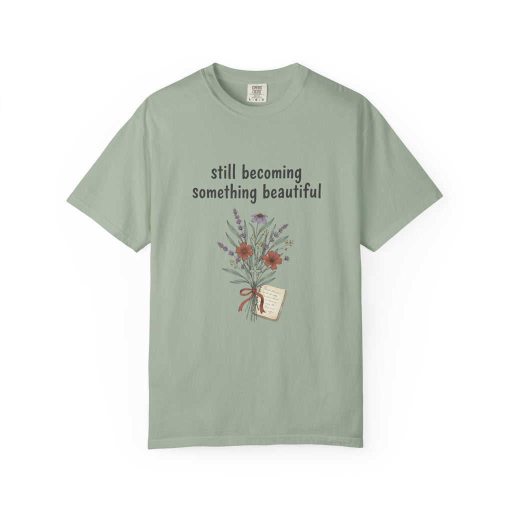 Grace in Progress Faith T-Shirt — Still Becoming Something Beautiful — Vintage Wildflower Christian Tee for Women Healing & Growing