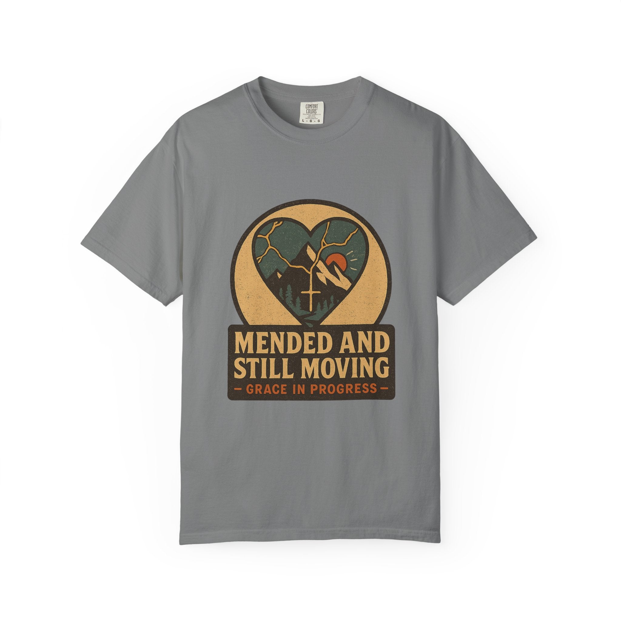 Mended And Still Moving Kintsugi Heart Mountain Faith Tee | Grace In Progress | Grief Recovery Healing Apparel