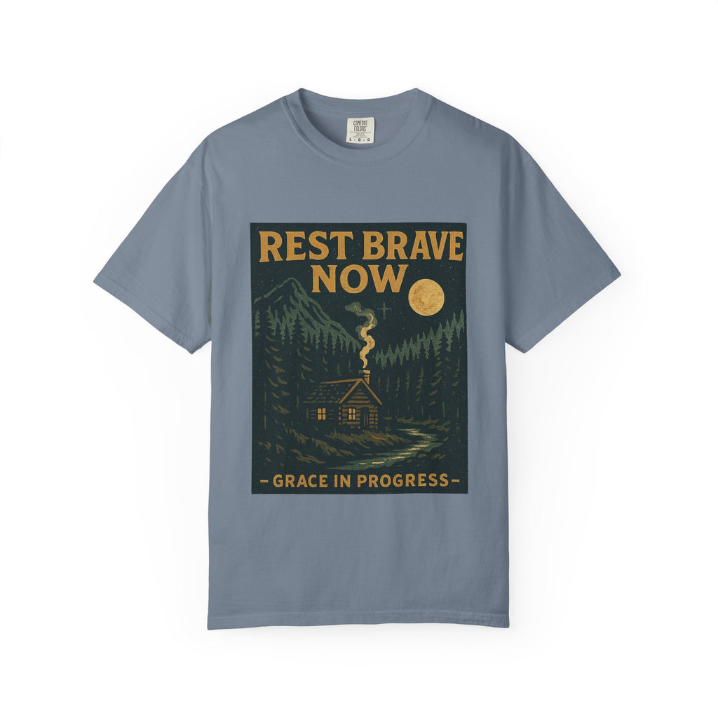 Rest Is Brave Now Vintage Cabin T-Shirt | Faith Outdoor Apparel | Burnout Rest Encouragement Shirt | Moonlit Cabin Tee | Grace In Progress