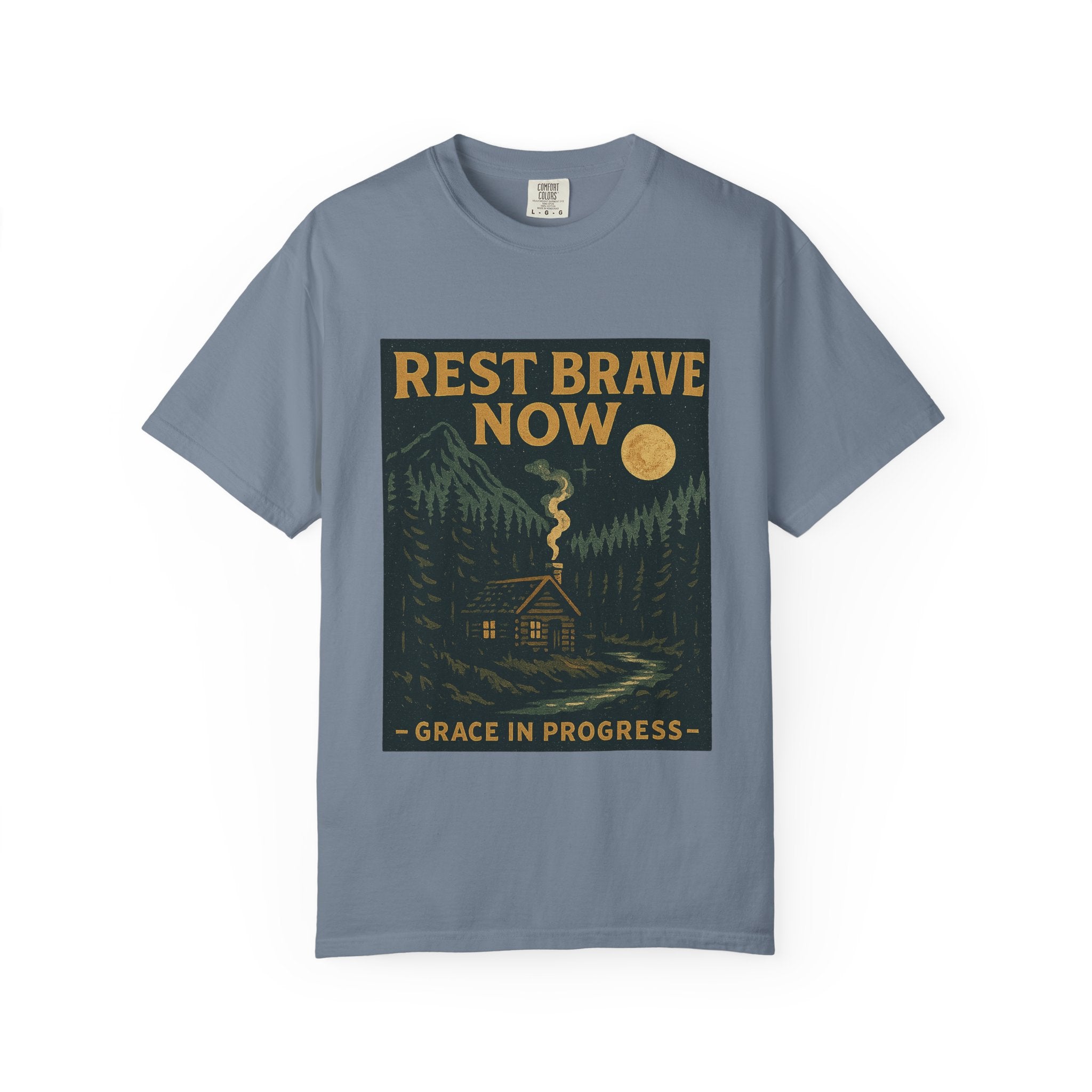 Rest Is Brave Now Vintage Cabin T-Shirt | Faith Outdoor Apparel | Burnout Rest Encouragement Shirt | Moonlit Cabin Tee | Grace In Progress