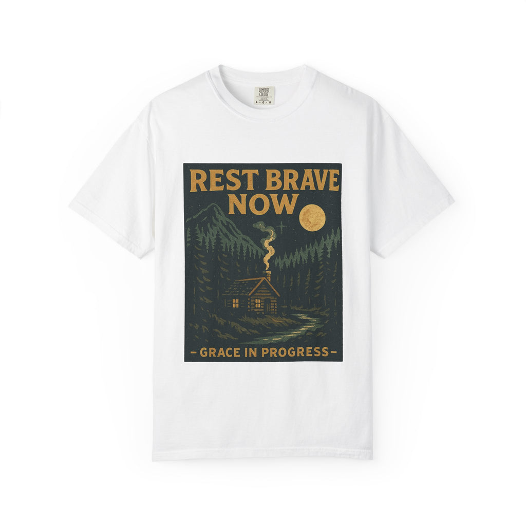 Rest Is Brave Now Vintage Cabin T-Shirt | Faith Outdoor Apparel | Burnout Rest Encouragement Shirt | Moonlit Cabin Tee | Grace In Progress
