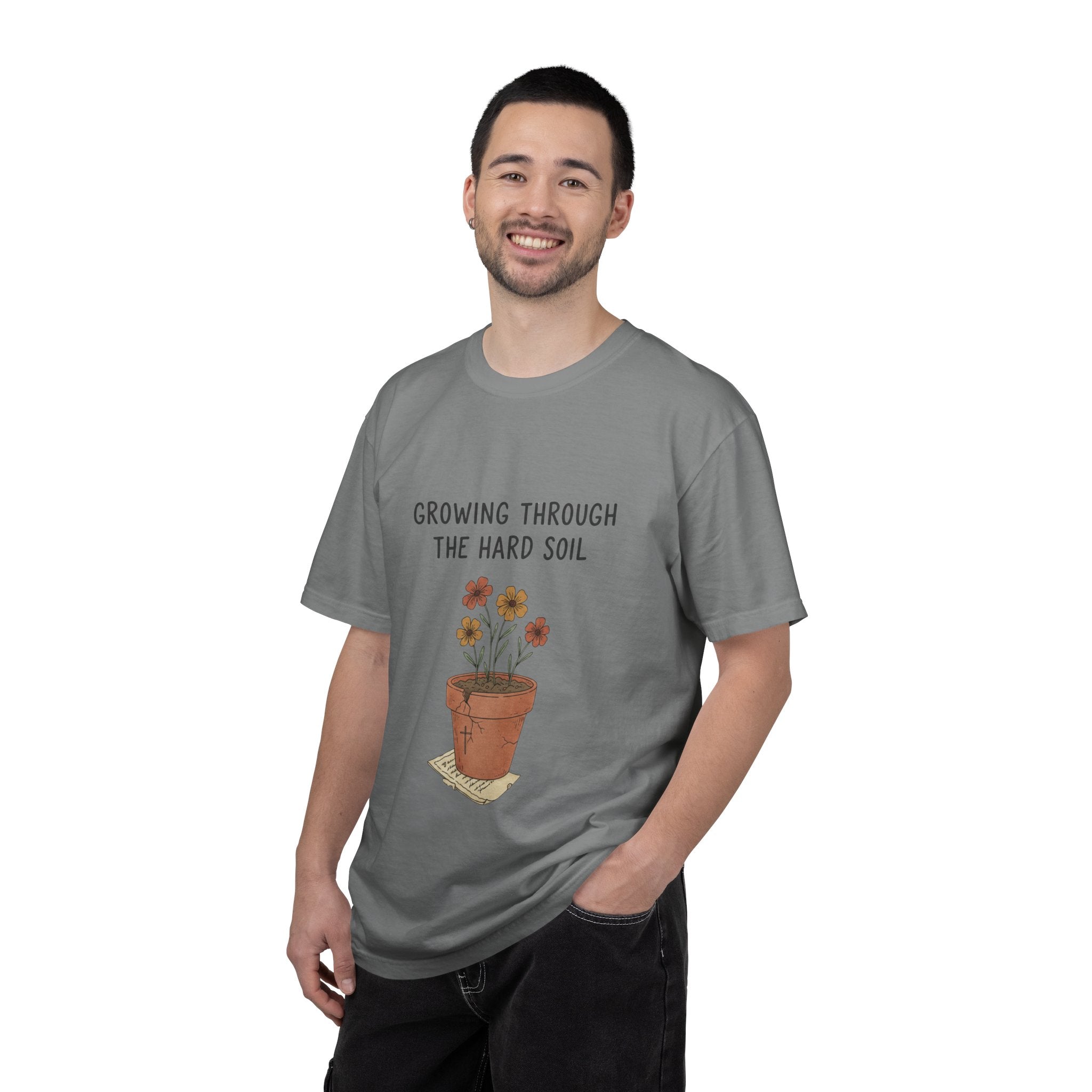 Grace in Progress Faith T-Shirt — Growing Through the Hard Soil — Vintage Terracotta Plant Christian Tee | Healing & Growth Design for Women