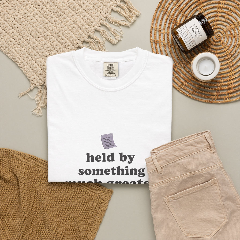 Grace in Progress Christian T-Shirt — Held by Something Much Greater — Vintage Hands & Wildflower Faith Tee | Prayer & Healing Shirt for Women