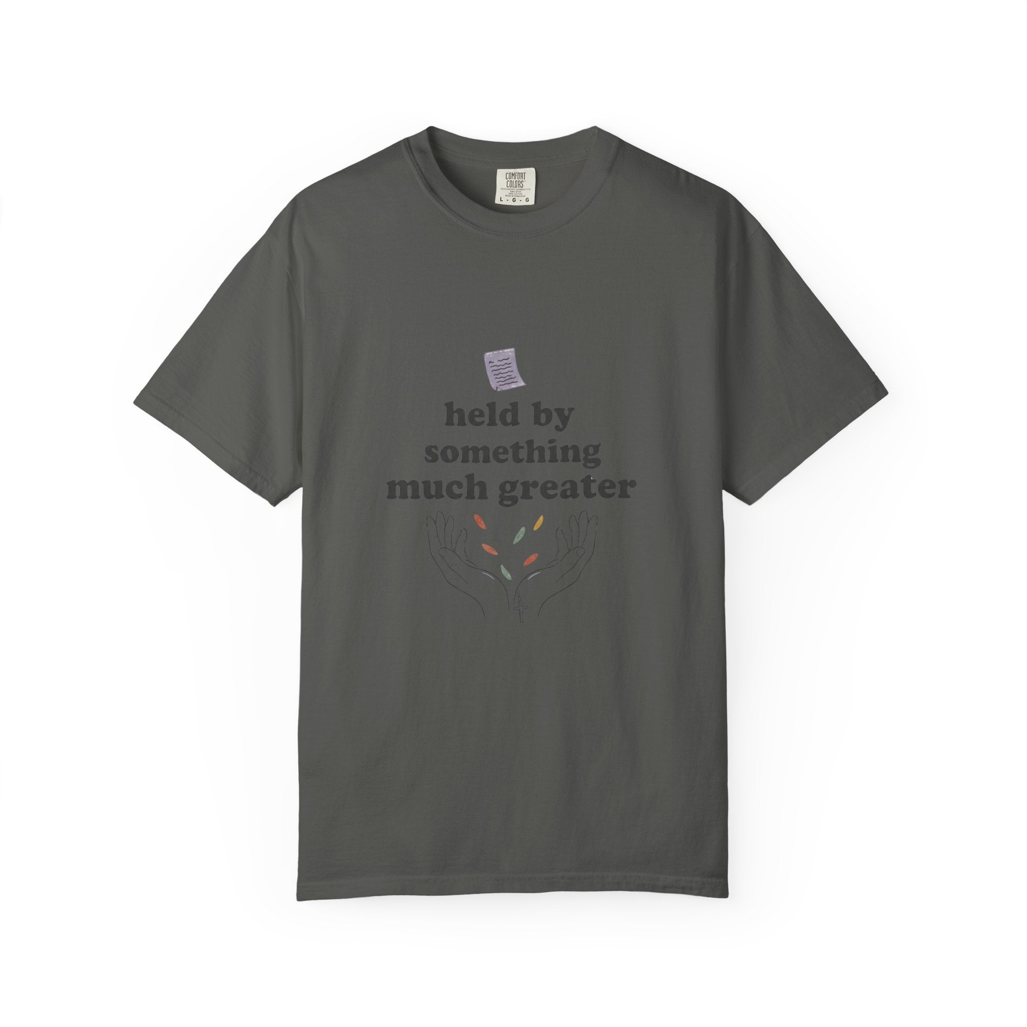 Grace in Progress Christian T-Shirt — Held by Something Much Greater — Vintage Hands & Wildflower Faith Tee | Prayer & Healing Shirt for Women