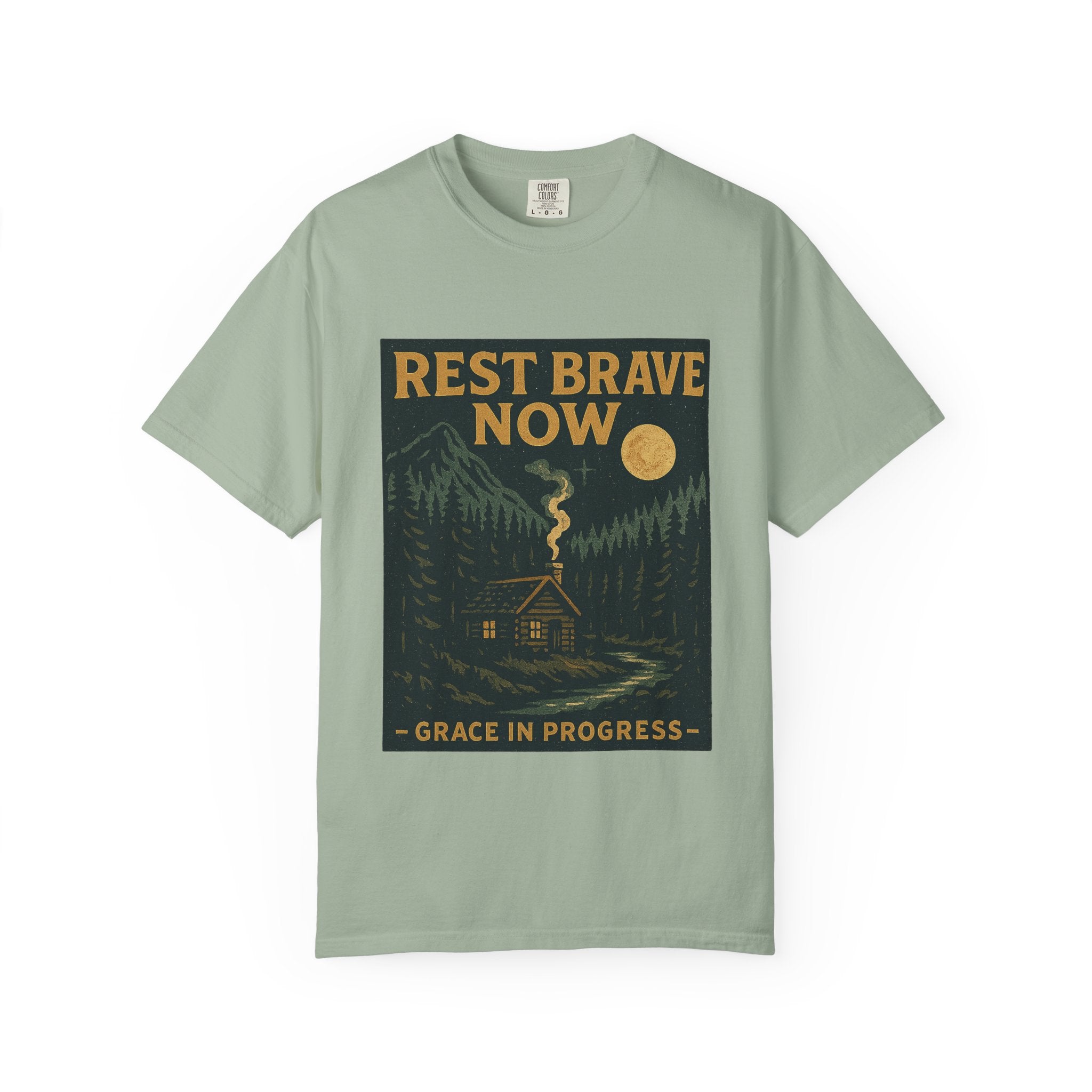 Rest Is Brave Now Vintage Cabin T-Shirt | Faith Outdoor Apparel | Burnout Rest Encouragement Shirt | Moonlit Cabin Tee | Grace In Progress
