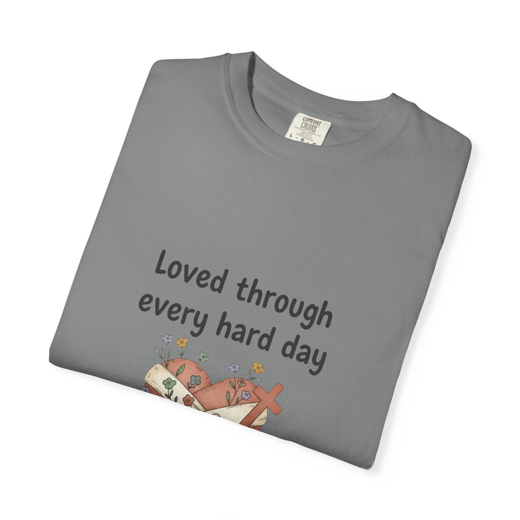 Grace in Progress Christian T-Shirt — Loved Through Every Hard Day — Faith & Mental Health Tee | Bandaged Heart Vintage Illustration