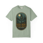 Still Here Still Wild Moonlit Forest Badge T-Shirt | Vintage Outdoor Faith Tee | Night Hike | Grace In Progress | Resilience Gift