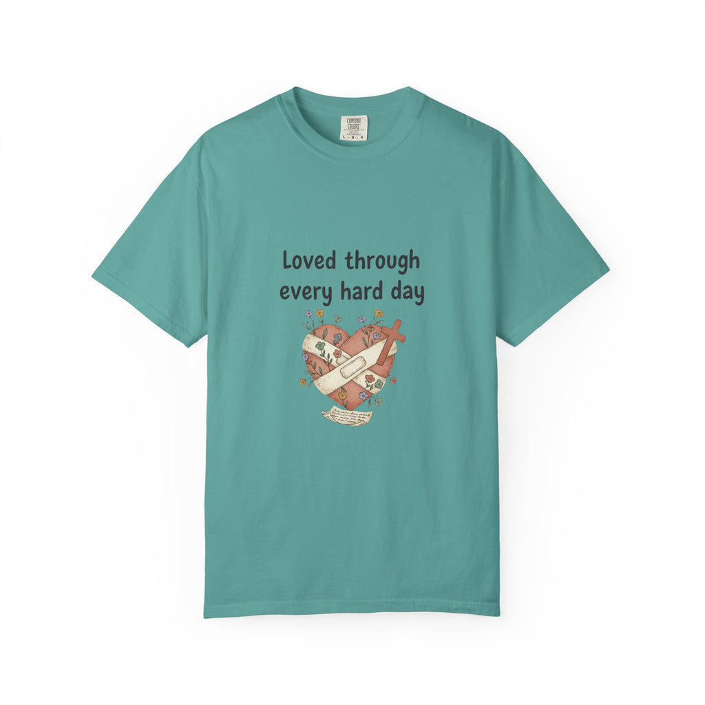 Grace in Progress Christian T-Shirt — Loved Through Every Hard Day — Faith & Mental Health Tee | Bandaged Heart Vintage Illustration