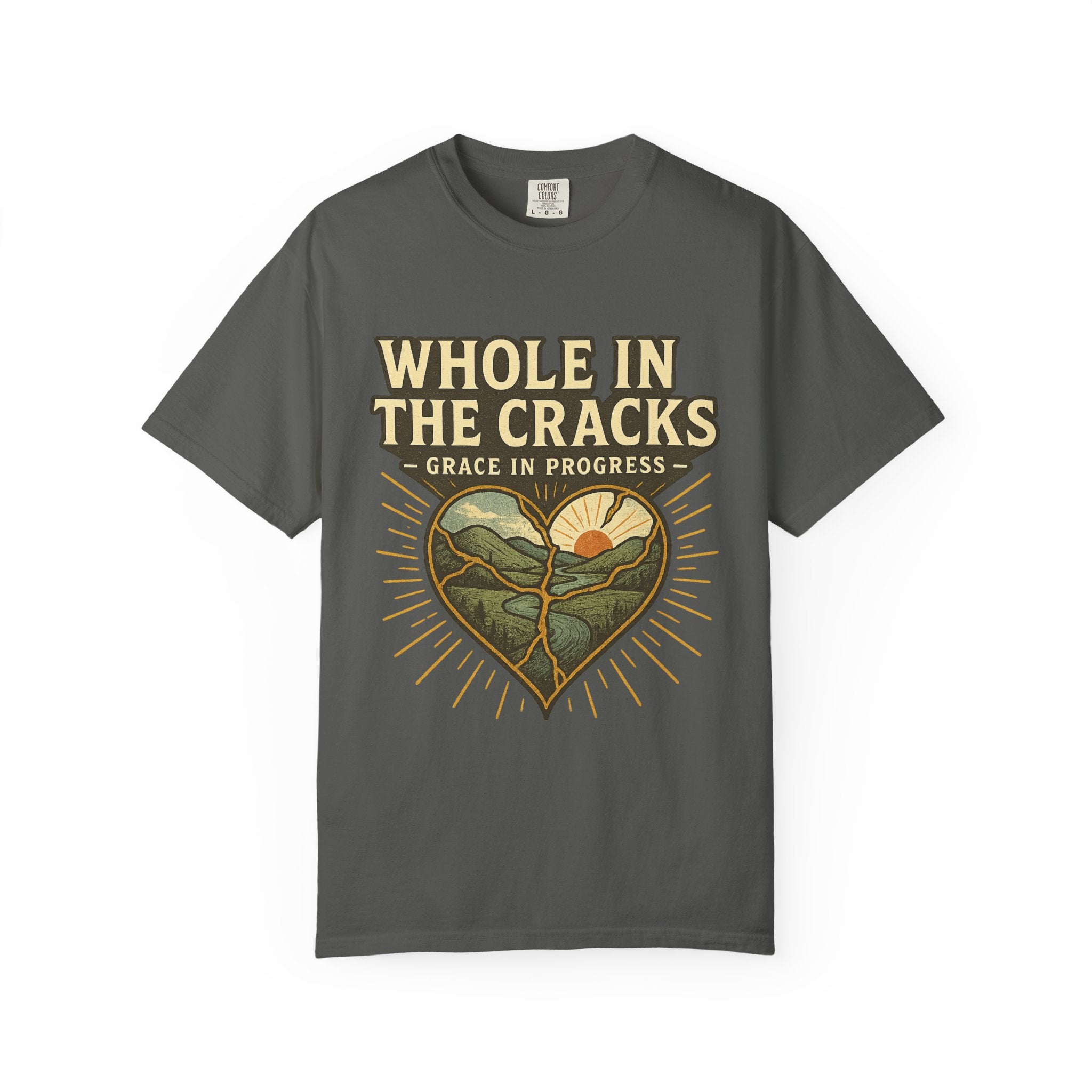 Whole In The Cracks Kintsugi Heart Landscape T-Shirt | Faith Healing Apparel | Recovery Gift | Vintage Screen Print Tee | Grace In Progress
