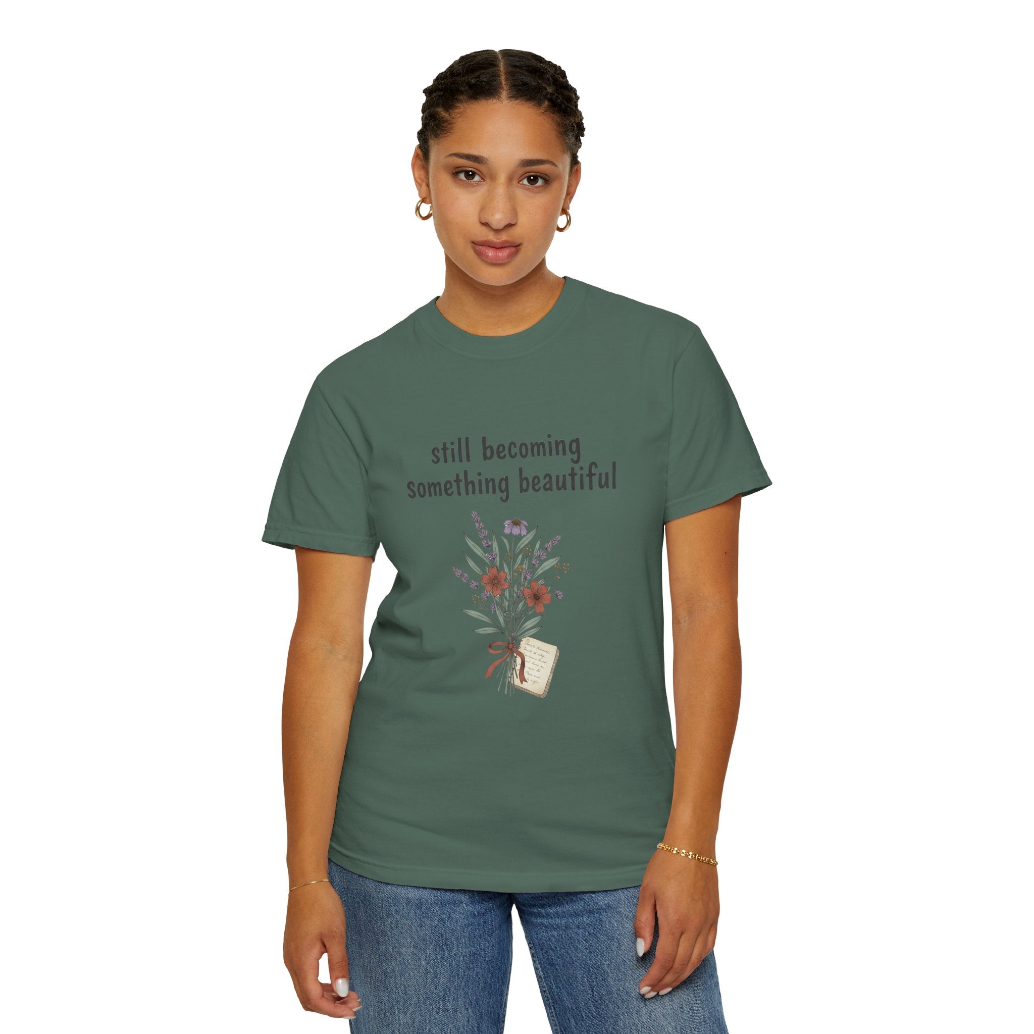 Grace in Progress Faith T-Shirt — Still Becoming Something Beautiful — Vintage Wildflower Christian Tee for Women Healing & Growing