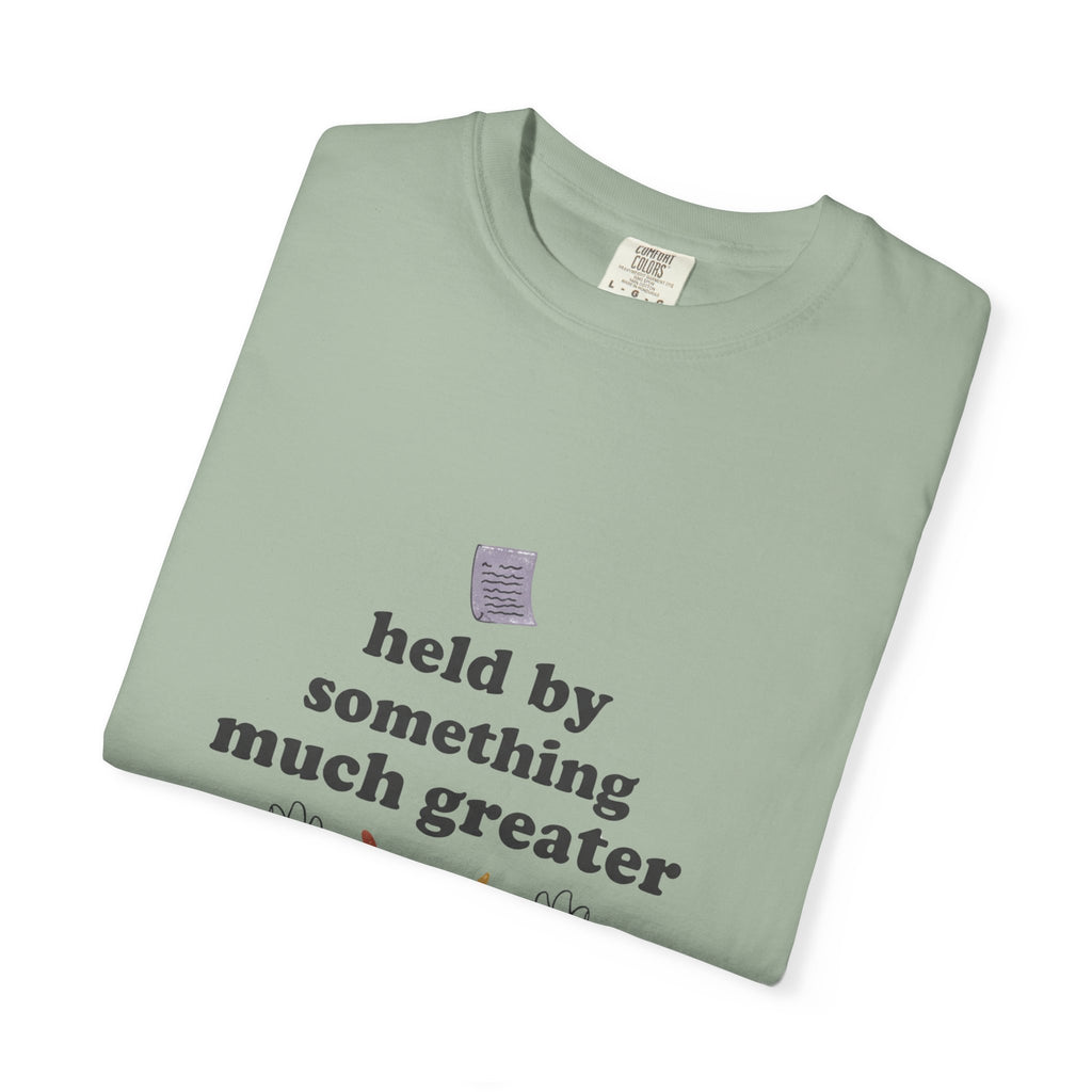 Grace in Progress Christian T-Shirt — Held by Something Much Greater — Vintage Hands & Wildflower Faith Tee | Prayer & Healing Shirt for Women