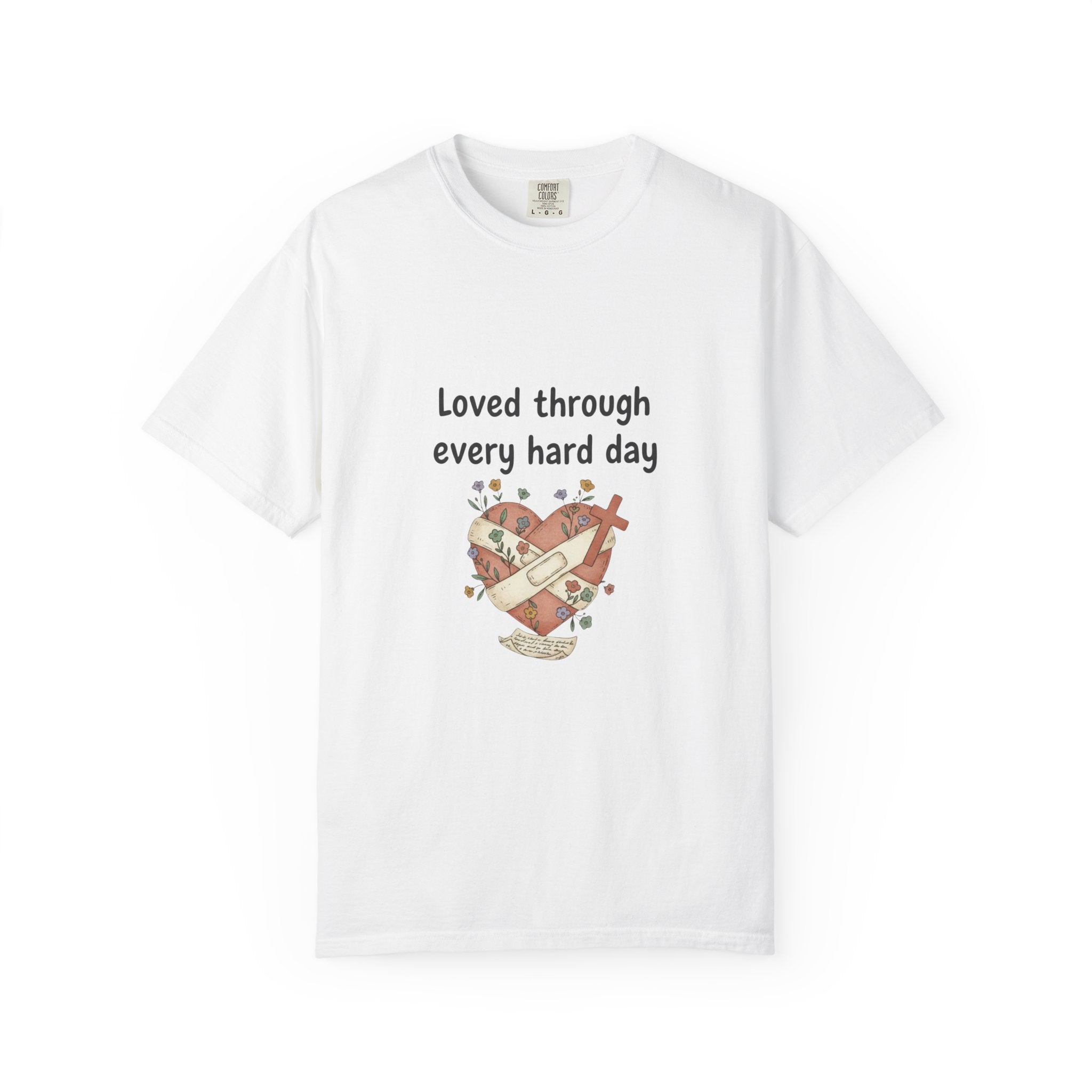 Grace in Progress Christian T-Shirt — Loved Through Every Hard Day — Faith & Mental Health Tee | Bandaged Heart Vintage Illustration