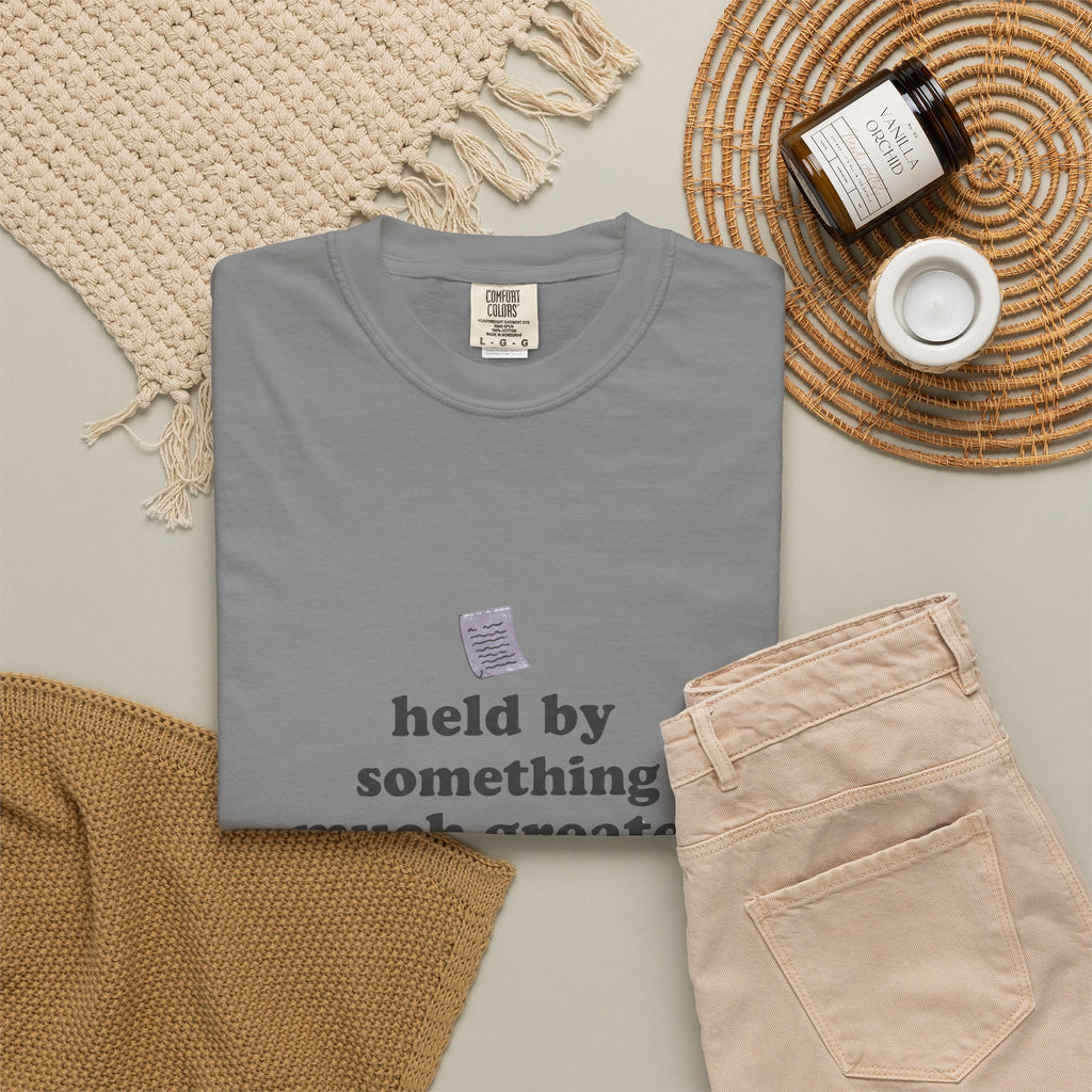 Grace in Progress Christian T-Shirt — Held by Something Much Greater — Vintage Hands & Wildflower Faith Tee | Prayer & Healing Shirt for Women