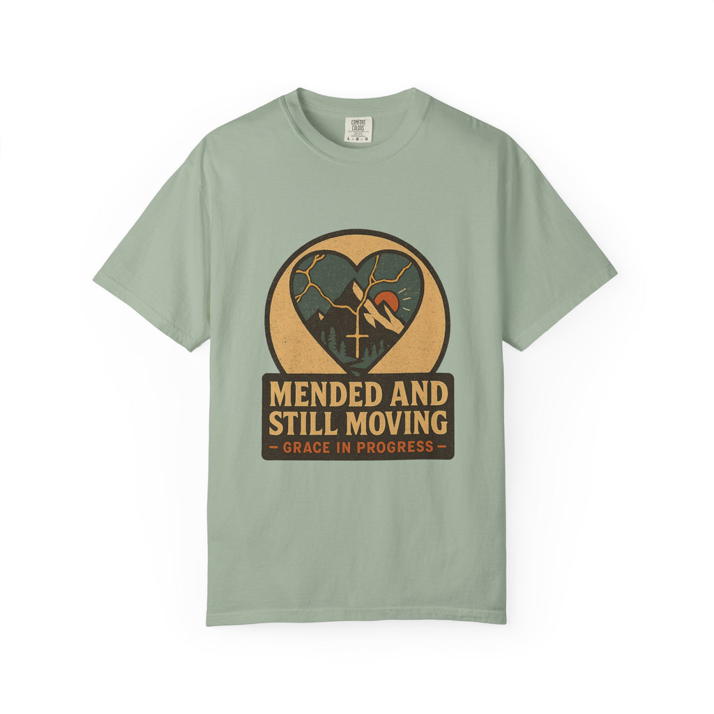 Mended And Still Moving Kintsugi Heart Mountain Faith Tee | Grace In Progress | Grief Recovery Healing Apparel