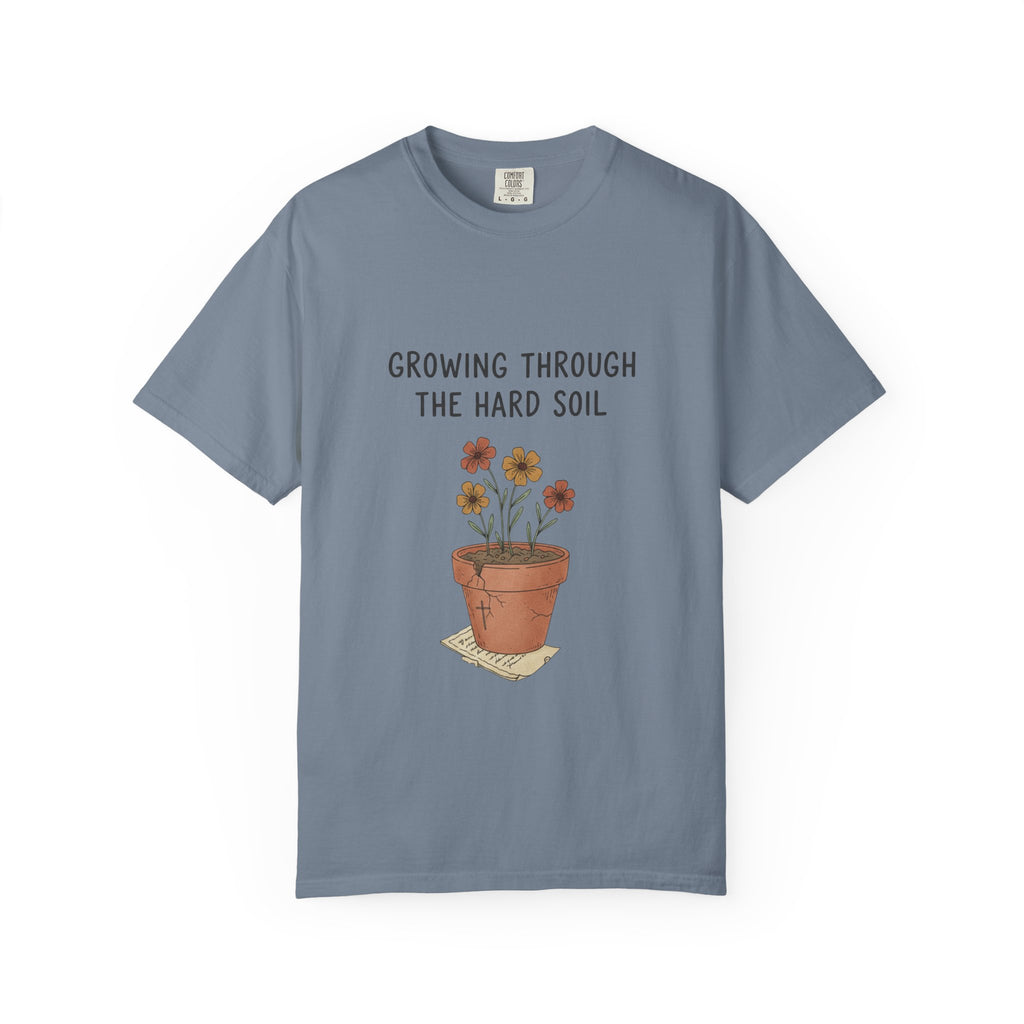 Grace in Progress Faith T-Shirt — Growing Through the Hard Soil — Vintage Terracotta Plant Christian Tee | Healing & Growth Design for Women