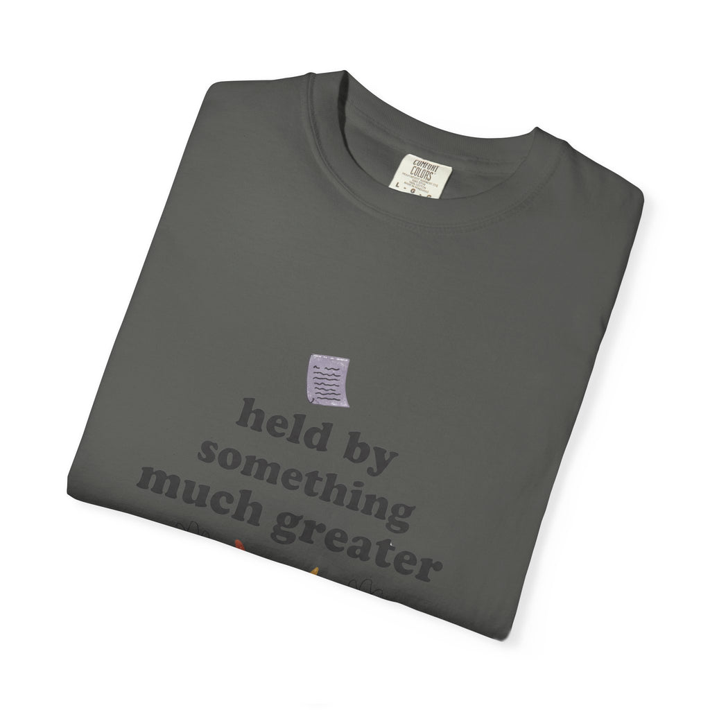Grace in Progress Christian T-Shirt — Held by Something Much Greater — Vintage Hands & Wildflower Faith Tee | Prayer & Healing Shirt for Women