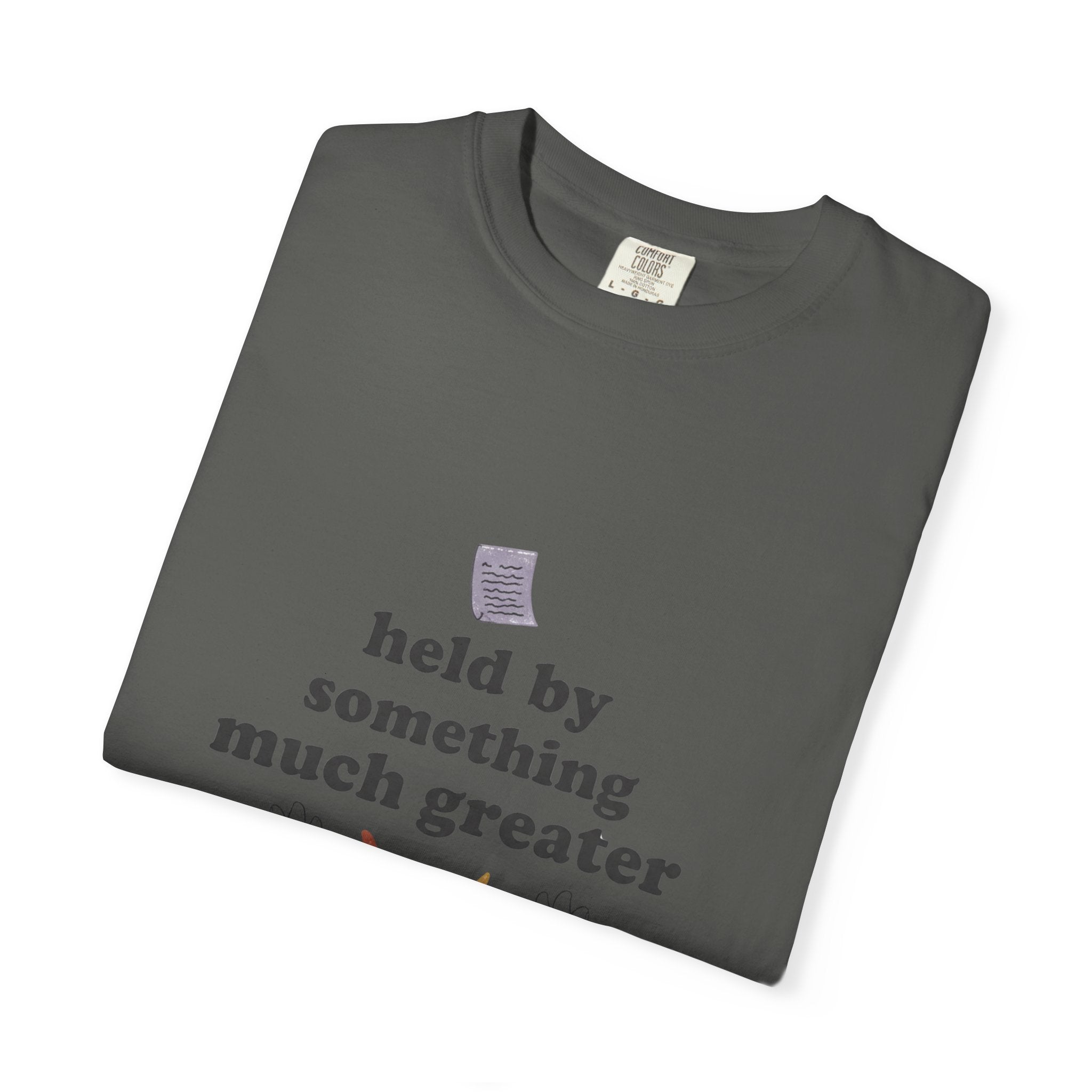 Grace in Progress Christian T-Shirt — Held by Something Much Greater — Vintage Hands & Wildflower Faith Tee | Prayer & Healing Shirt for Women