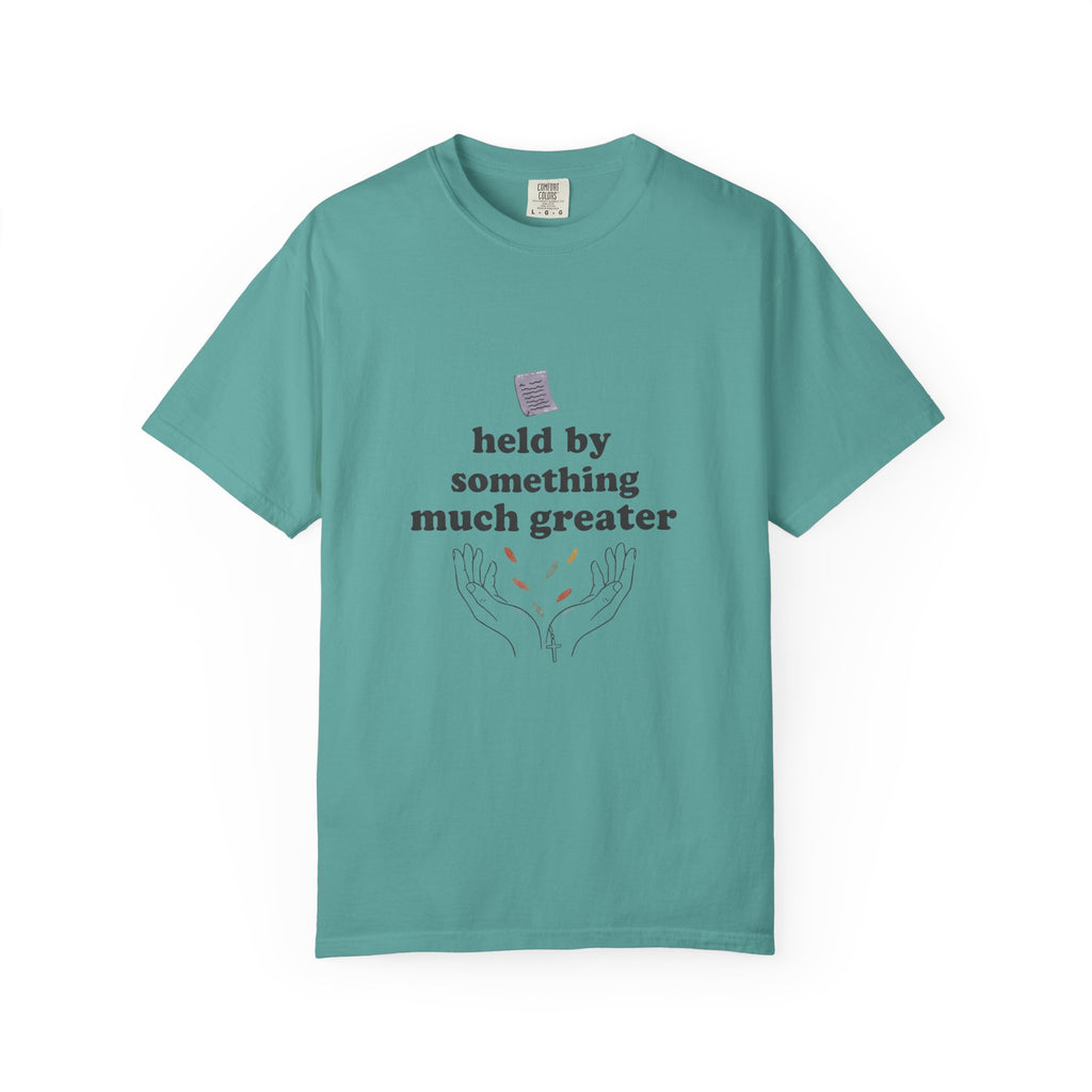 Grace in Progress Christian T-Shirt — Held by Something Much Greater — Vintage Hands & Wildflower Faith Tee | Prayer & Healing Shirt for Women