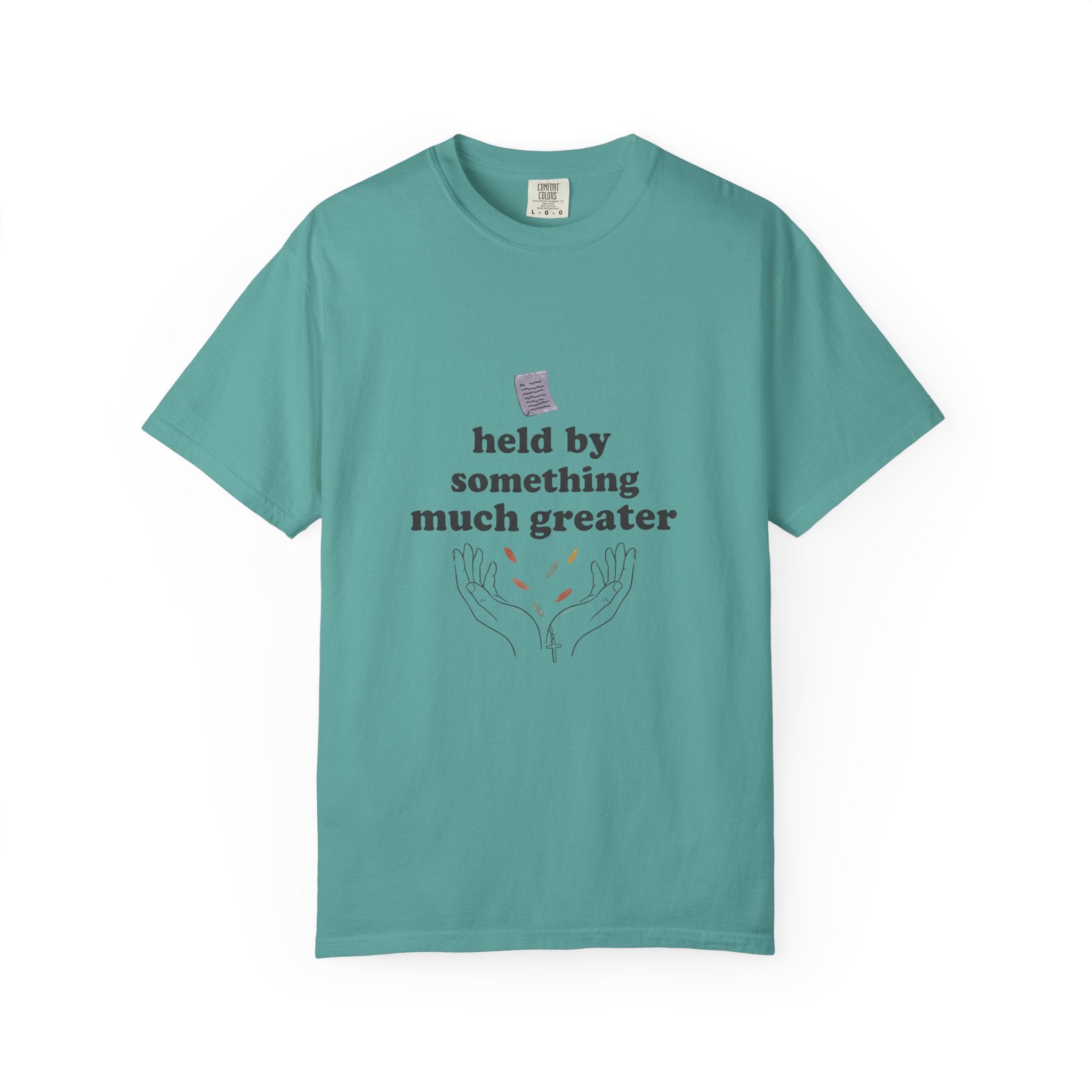 Grace in Progress Christian T-Shirt — Held by Something Much Greater — Vintage Hands & Wildflower Faith Tee | Prayer & Healing Shirt for Women