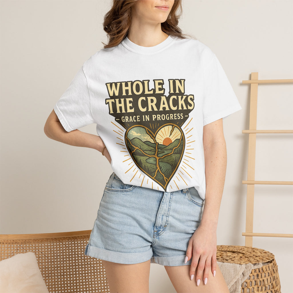 Whole In The Cracks Kintsugi Heart Landscape T-Shirt | Faith Healing Apparel | Recovery Gift | Vintage Screen Print Tee | Grace In Progress