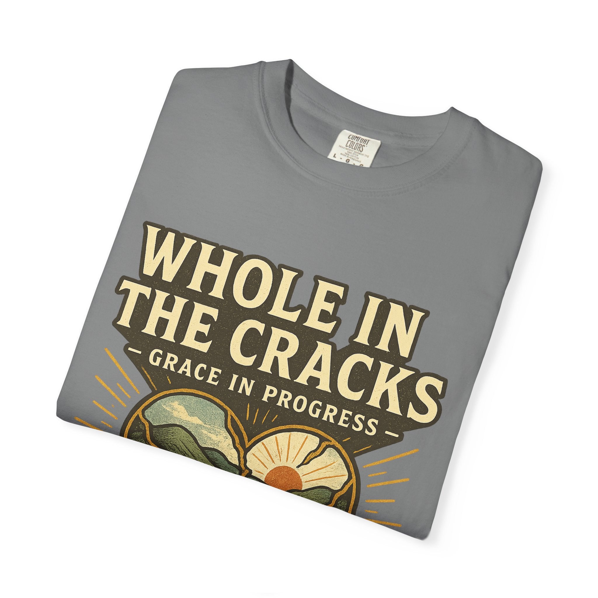 Whole In The Cracks Kintsugi Heart Landscape T-Shirt | Faith Healing Apparel | Recovery Gift | Vintage Screen Print Tee | Grace In Progress