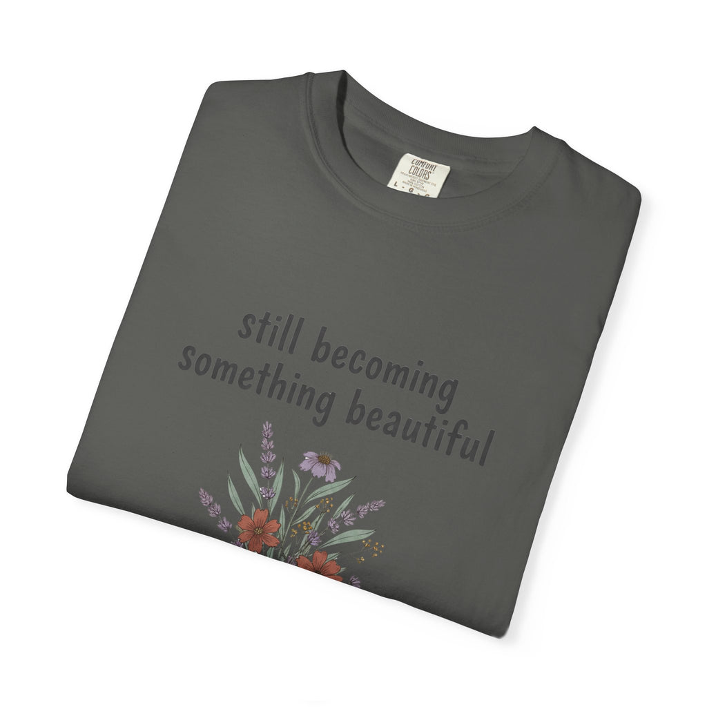 Grace in Progress Faith T-Shirt — Still Becoming Something Beautiful — Vintage Wildflower Christian Tee for Women Healing & Growing