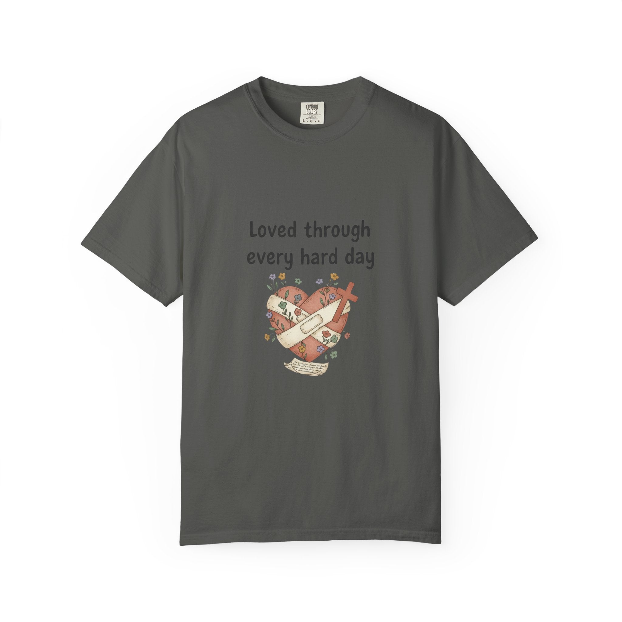 Grace in Progress Christian T-Shirt — Loved Through Every Hard Day — Faith & Mental Health Tee | Bandaged Heart Vintage Illustration